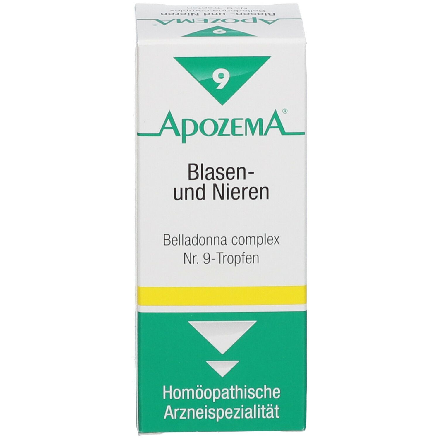 Produktverpackung. APOZEMA® Blasen- und Nieren-Tropfen Nr. 9. Homöopathisches Arzneimittel. Weißer Karton mit grünen Akzenten.