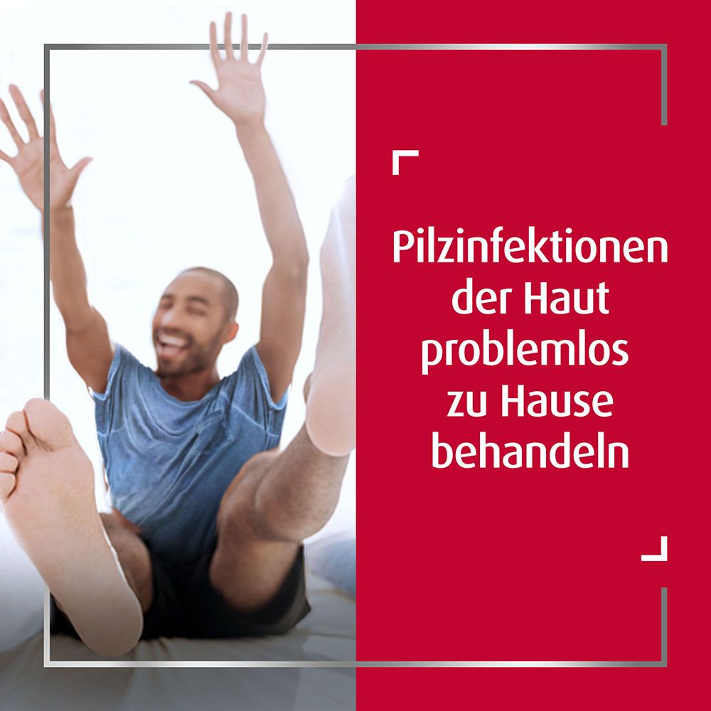 Mann mit erhobenen Armen. Text: Pilzinfektionen der Haut problemlos zu Hause behandeln.