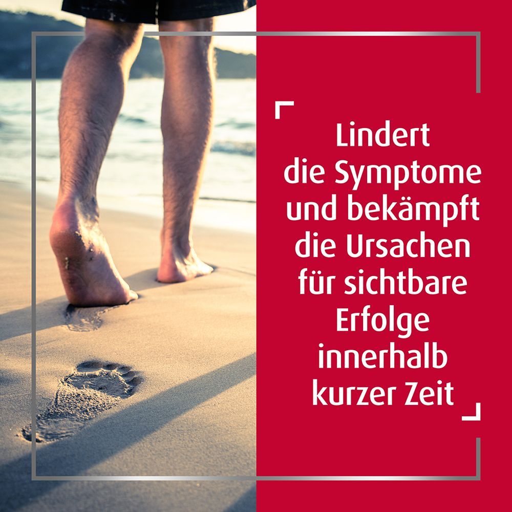 Person am Strand. Text: Lindert Symptome und bekämpft Ursachen für sichtbare Erfolge.