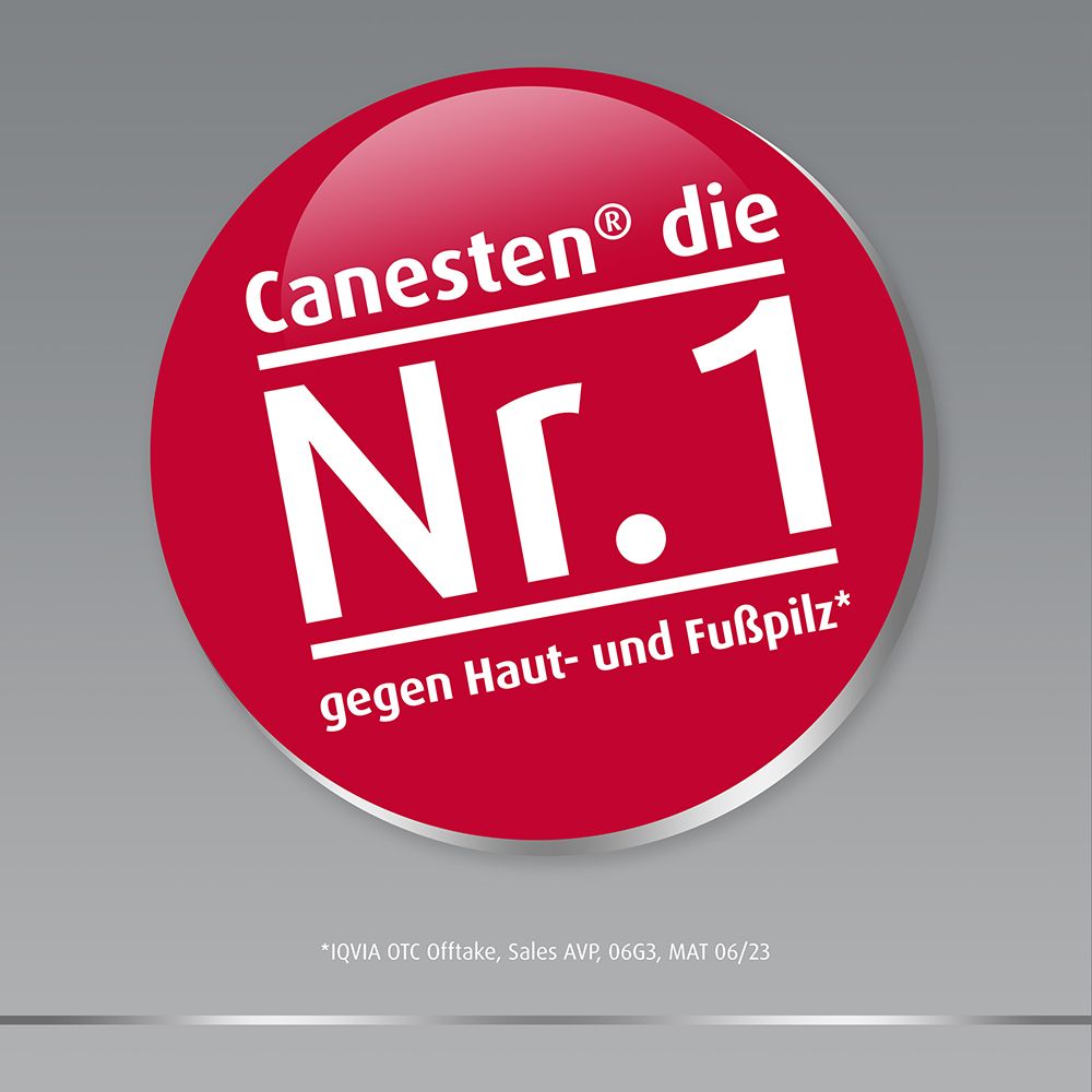 Runder roter Aufkleber mit Text: Canesten® die Nr. 1 gegen Haut- und Fußpilz.