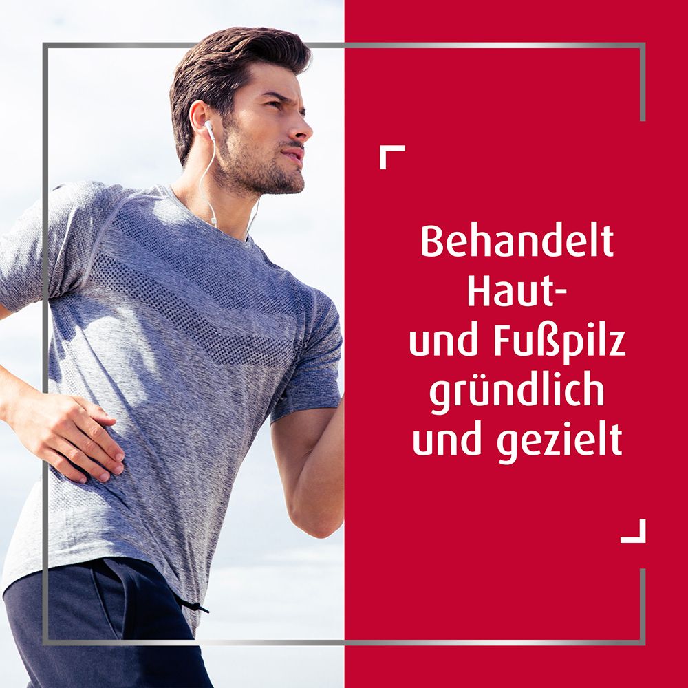 Mann rennt. Text: Behandelt Haut- und Fußpilz gründlich und gezielt.