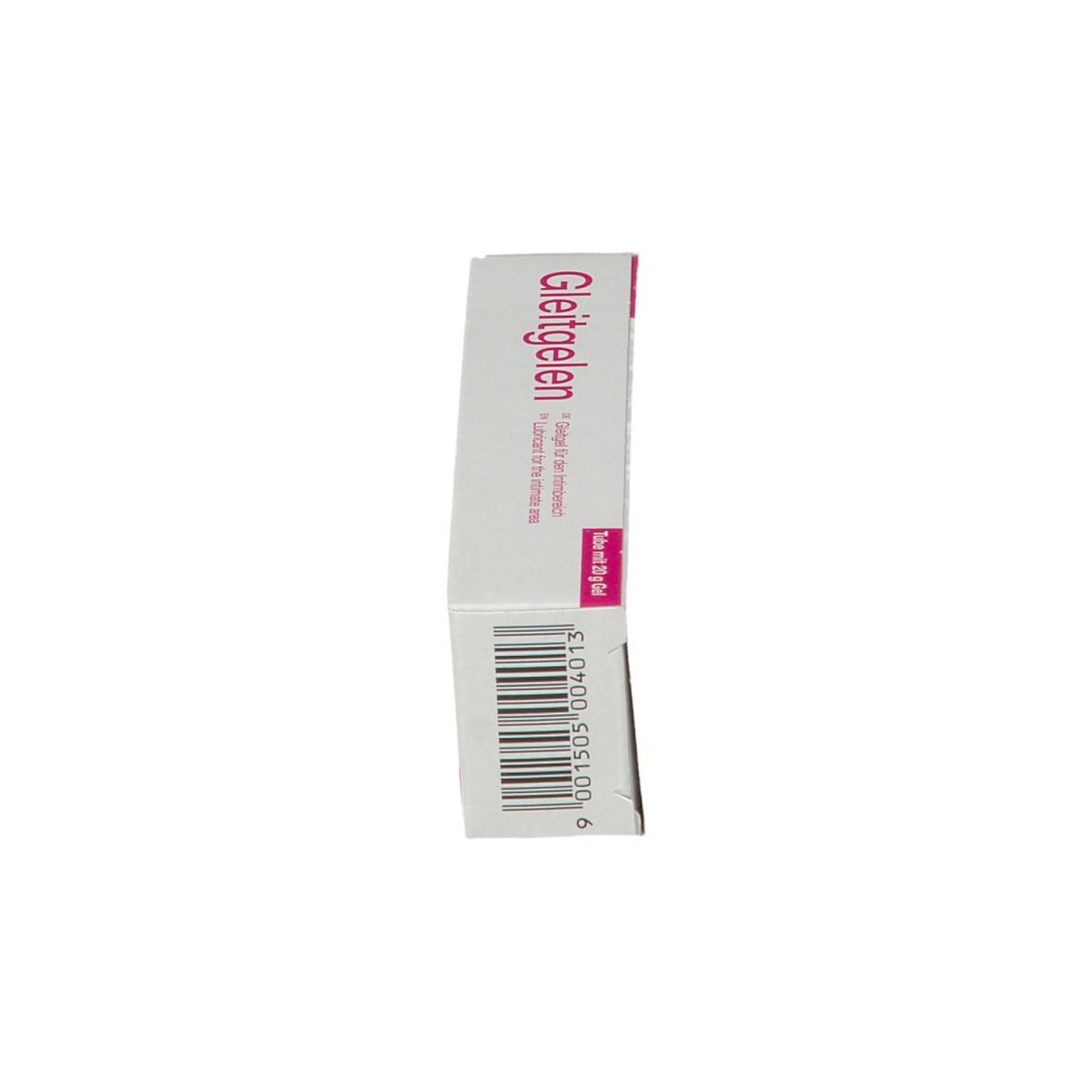 Seitenansicht der Verpackung Gleitgelen. Barcode und Produktinformationen. Weiß mit rosa Akzenten.