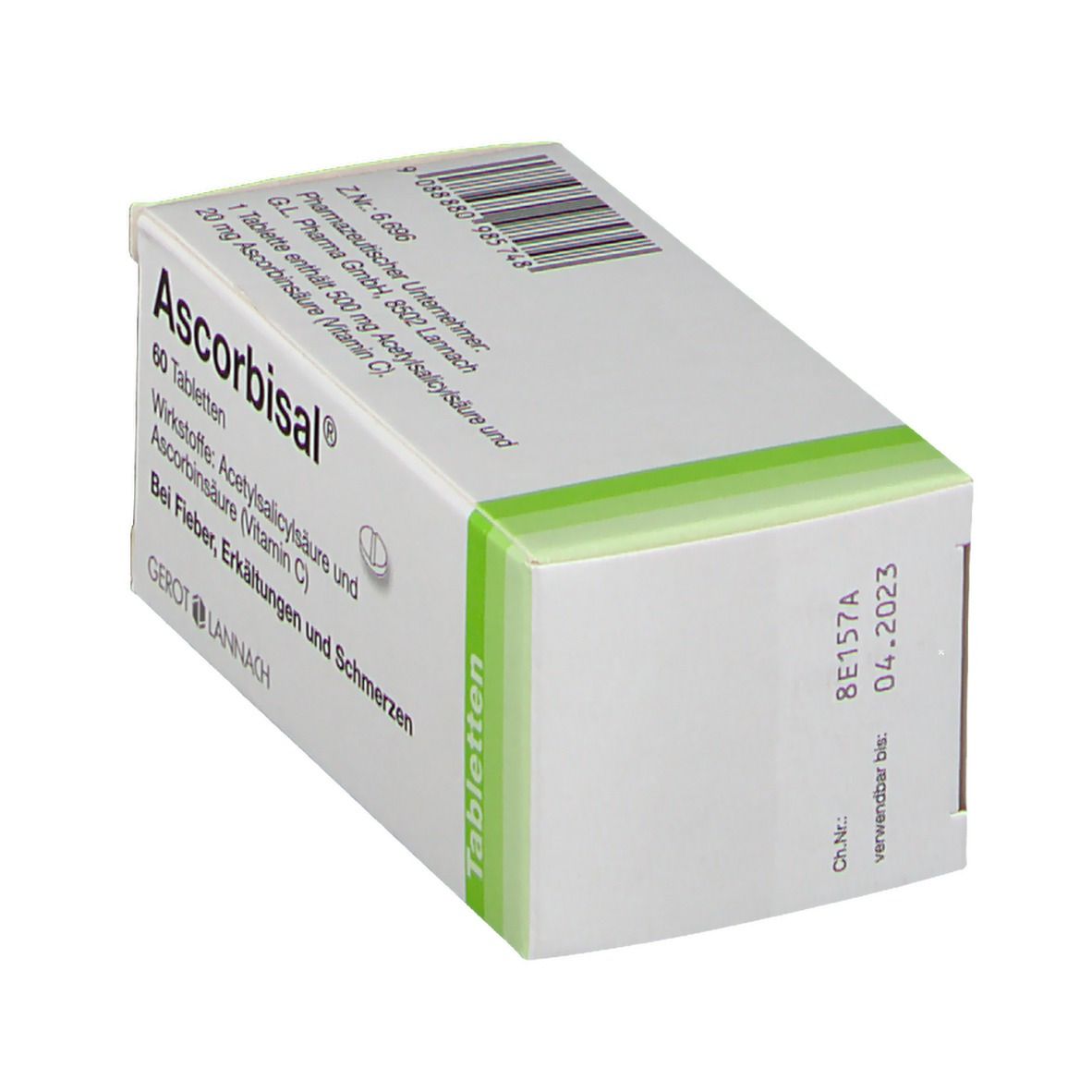 Schachtel Ascorbisal® Tabletten, Seitenansicht. Enthält 60 Tabletten. Wirkstoffe: Acetylsalicylsäure und Ascorbinsäure. Laktosefrei.