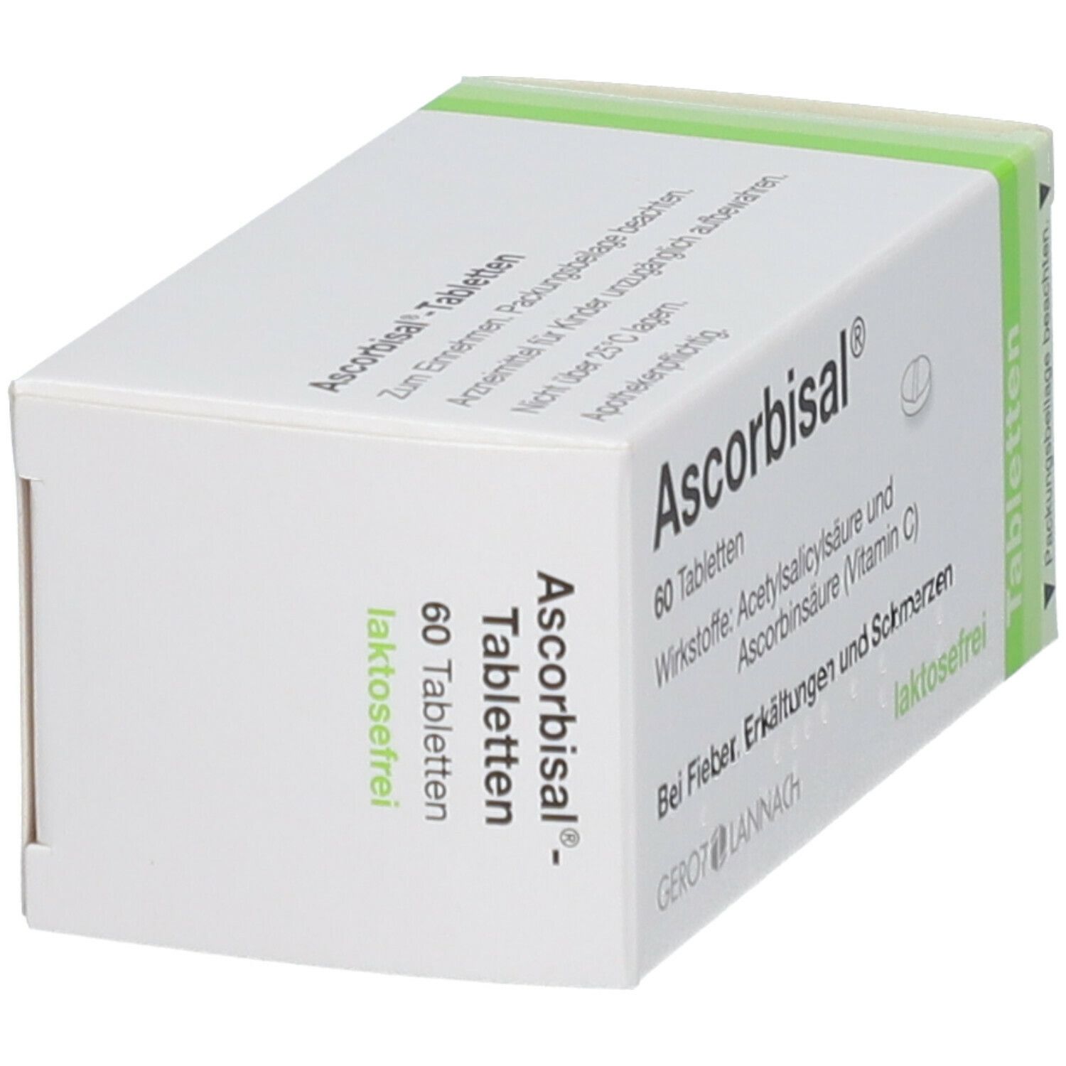 Schachtel Ascorbisal® Tabletten, Seitenansicht. Enthält 60 Tabletten. Wirkstoffe: Acetylsalicylsäure und Ascorbinsäure. Laktosefrei.