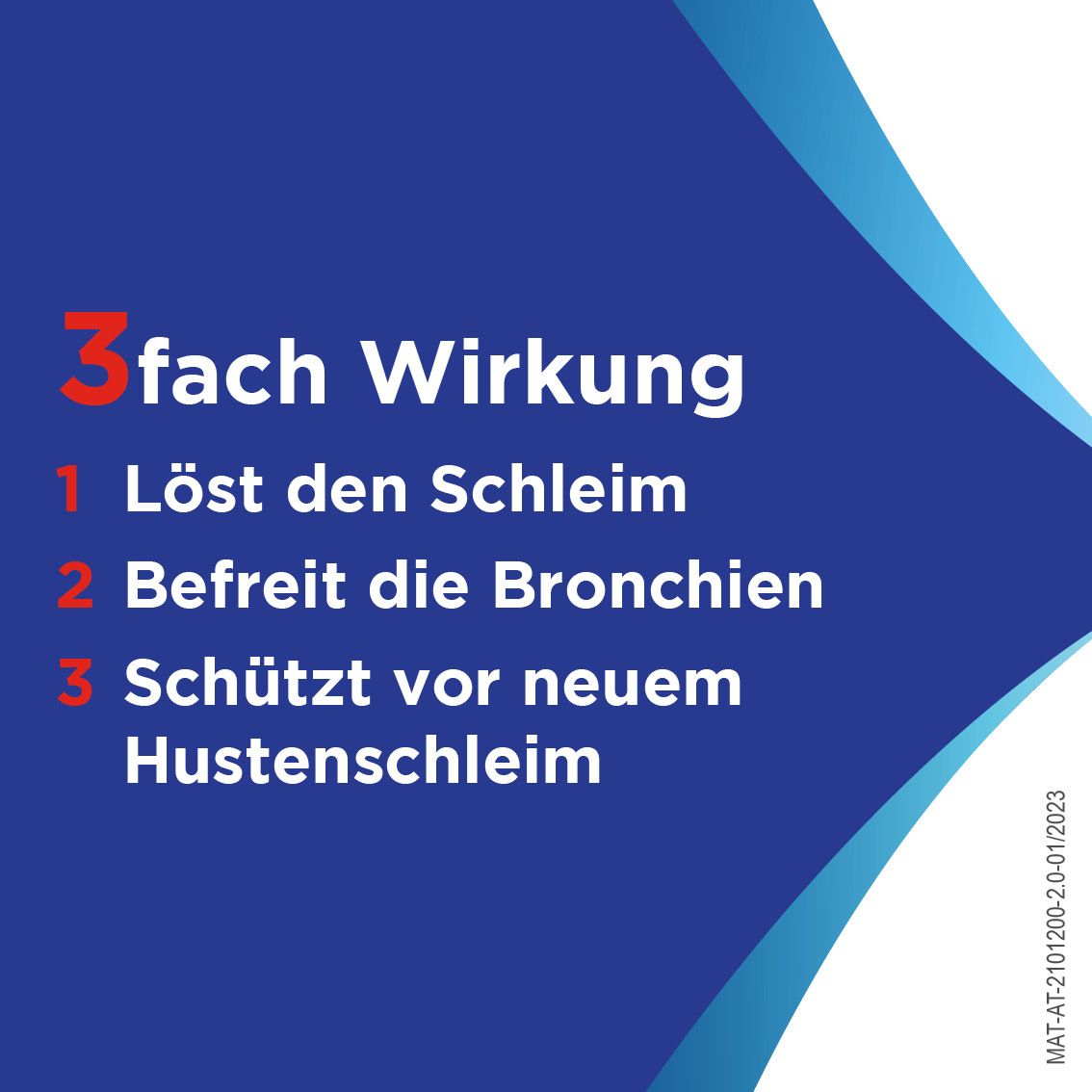 Grafik mit Text: 3-fach Wirkung: Löst den Schleim, befreit die Bronchien, schützt vor neuem Hustenschleim.