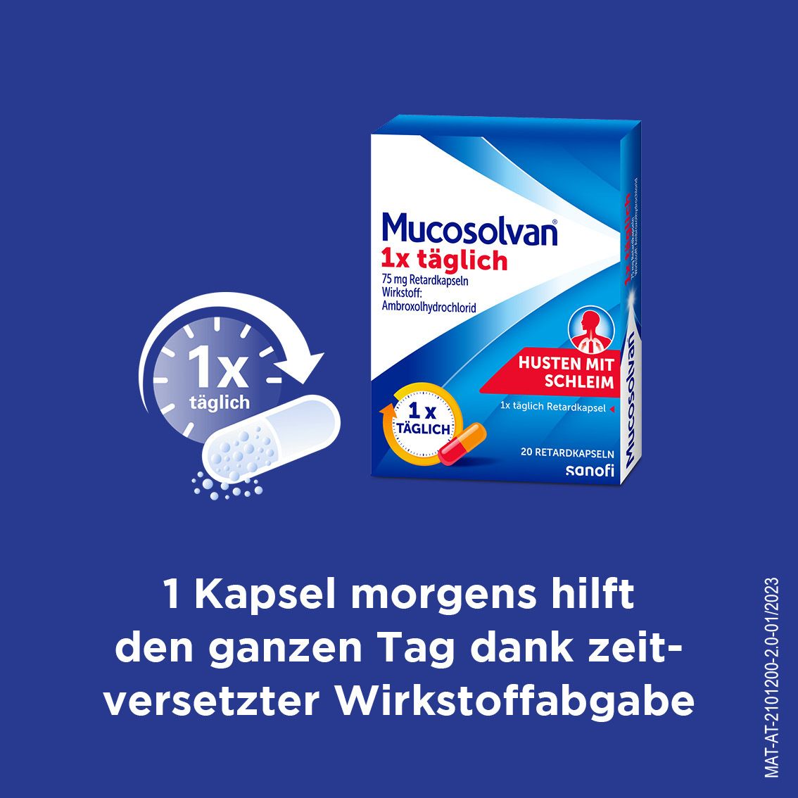 Grafik mit Kapsel und Uhr. Text: 1 Kapsel morgens hilft den ganzen Tag dank zeitversetzter Wirkstoffabgabe.