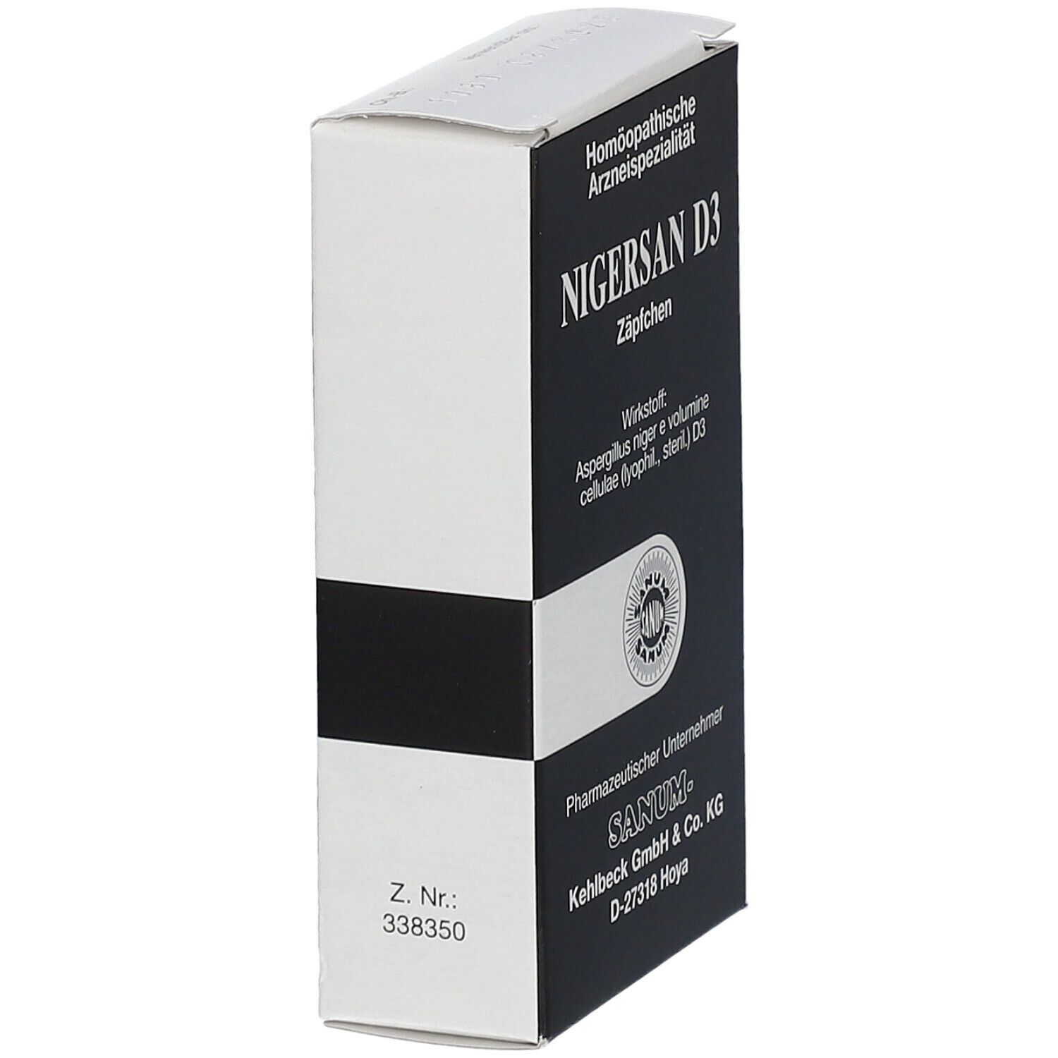 Schachtel NIGERSAN D3 Zäpfchen. Schwarze und weiße Verpackung. Sanum Logo. Text: Homöopathische Arzneispezialität.