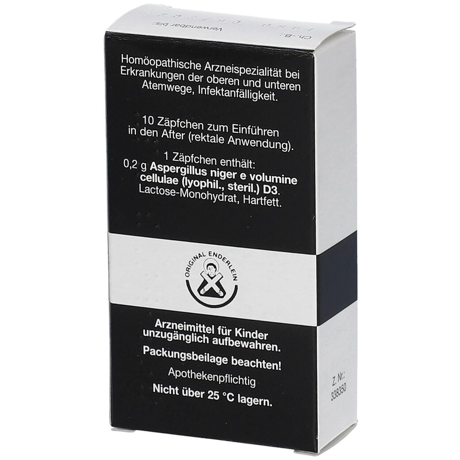 Schachtel NIGERSAN D3 Zäpfchen. Text: 10 Zäpfchen. Wirkstoff: Aspergillus niger. Original Enderlein Logo. Apothekenpflichtig.