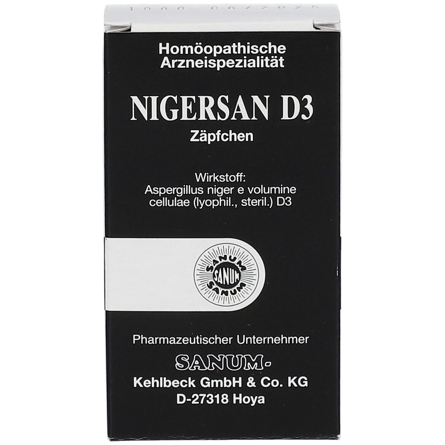 Schachtel NIGERSAN D3 Zäpfchen. Schwarze und weiße Verpackung. Sanum Logo. Text: Homöopathische Arzneispezialität.