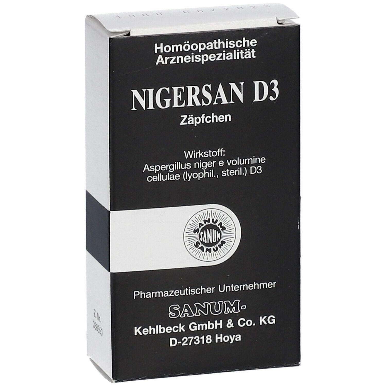 Schachtel NIGERSAN D3 Zäpfchen. Schwarze und weiße Verpackung. Sanum Logo. Text: Homöopathische Arzneispezialität.