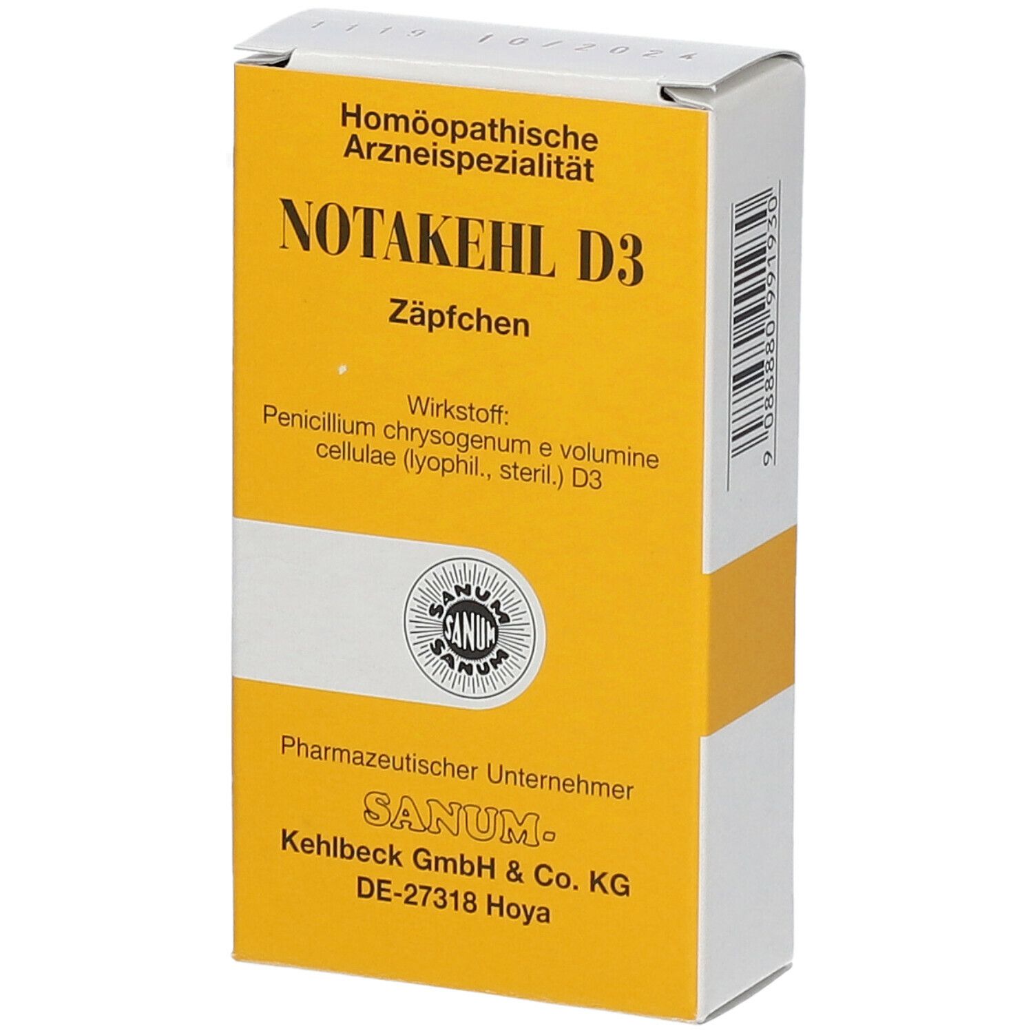 Gelb-weiße Schachtel mit der Aufschrift NOTAKEHL D3 Zäpfchen. Sanum-Logo und weitere Informationen.