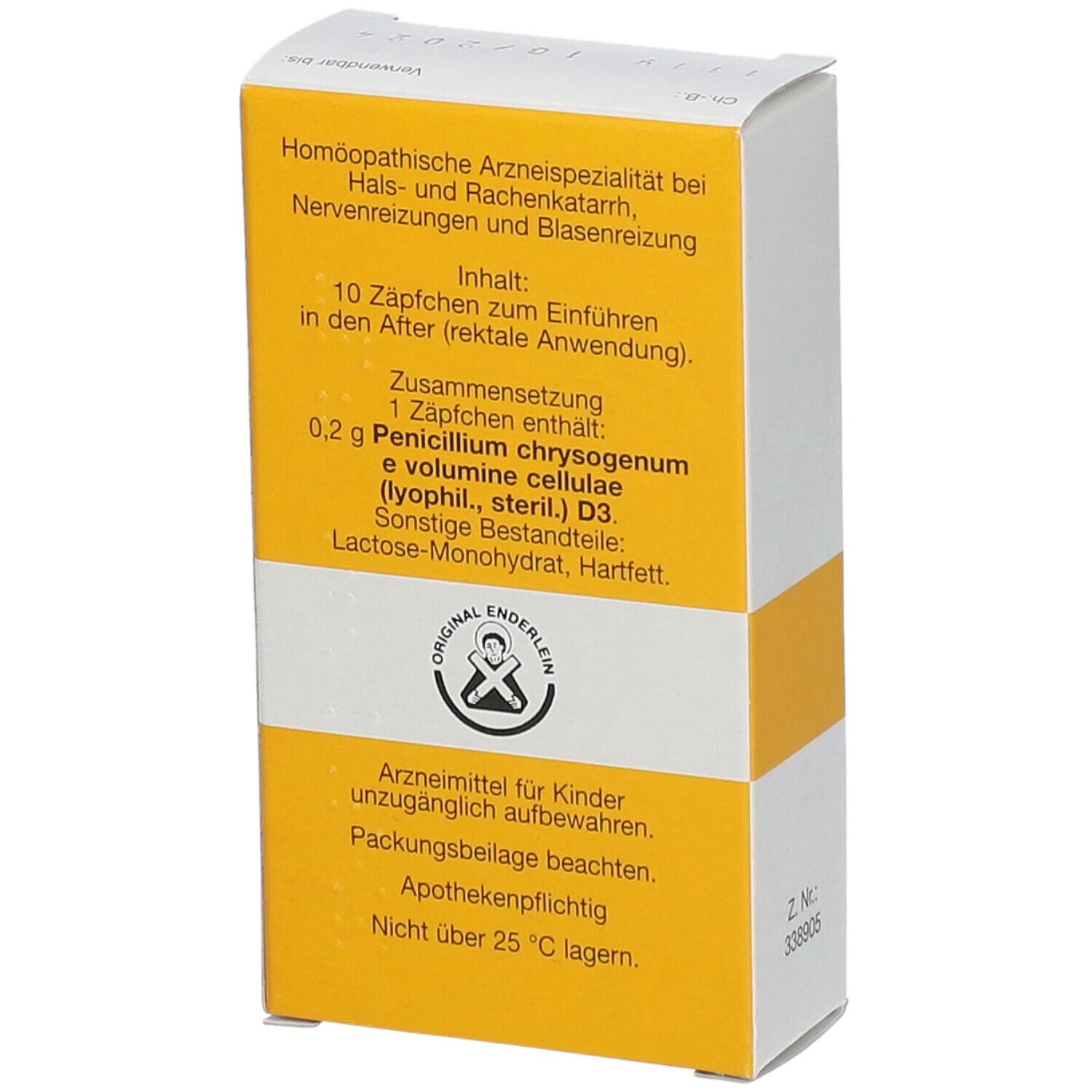 Rückseite der Schachtel mit Informationen zu Inhalt, Zusammensetzung und Warnhinweisen. Gelber Hintergrund, weiße Schrift.