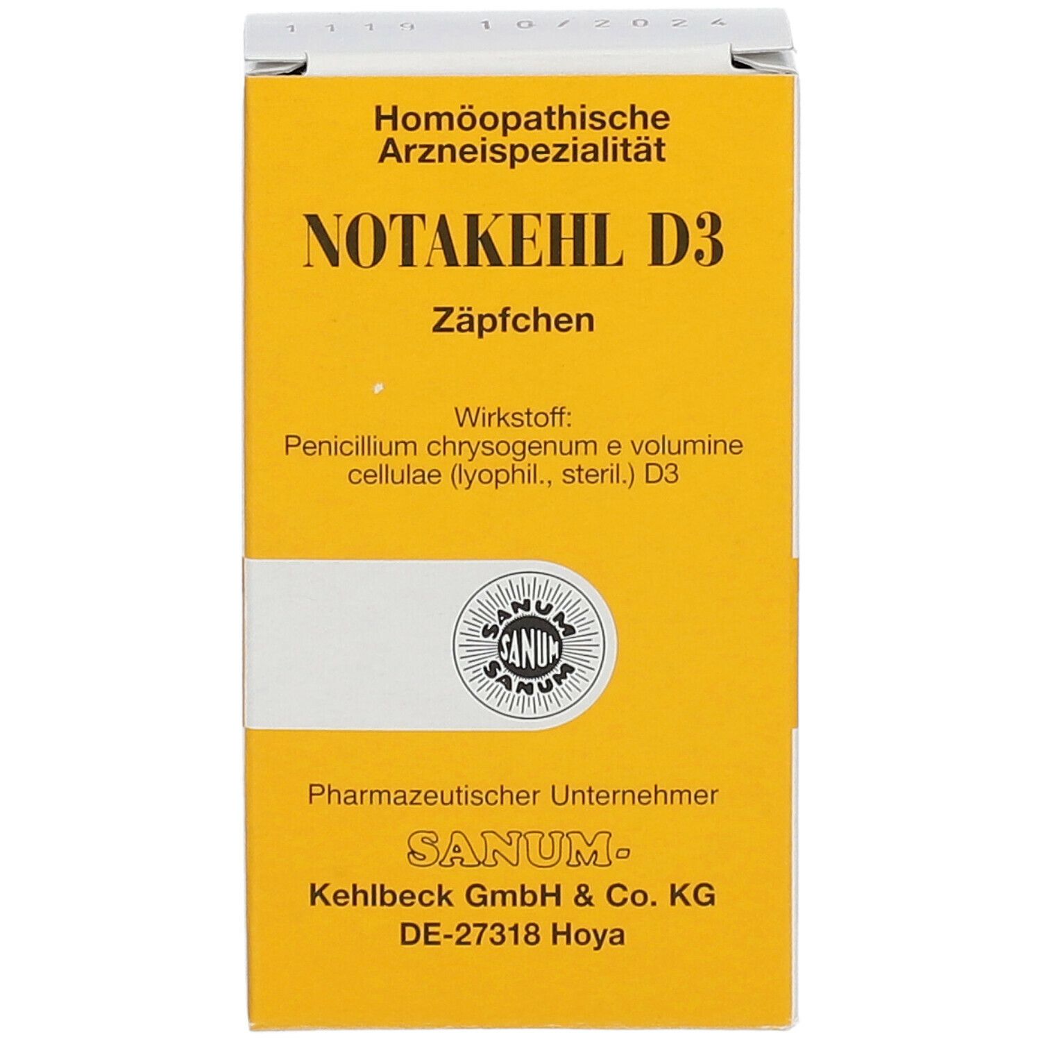 Gelb-weiße Schachtel mit der Aufschrift NOTAKEHL D3 Zäpfchen. Sanum-Logo und weitere Informationen.