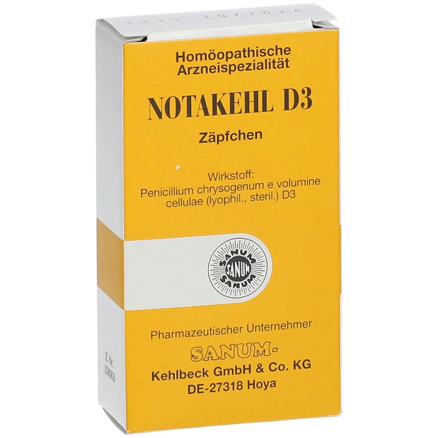 Gelb-weiße Schachtel mit der Aufschrift NOTAKEHL D3 Zäpfchen. Sanum-Logo und weitere Informationen.
