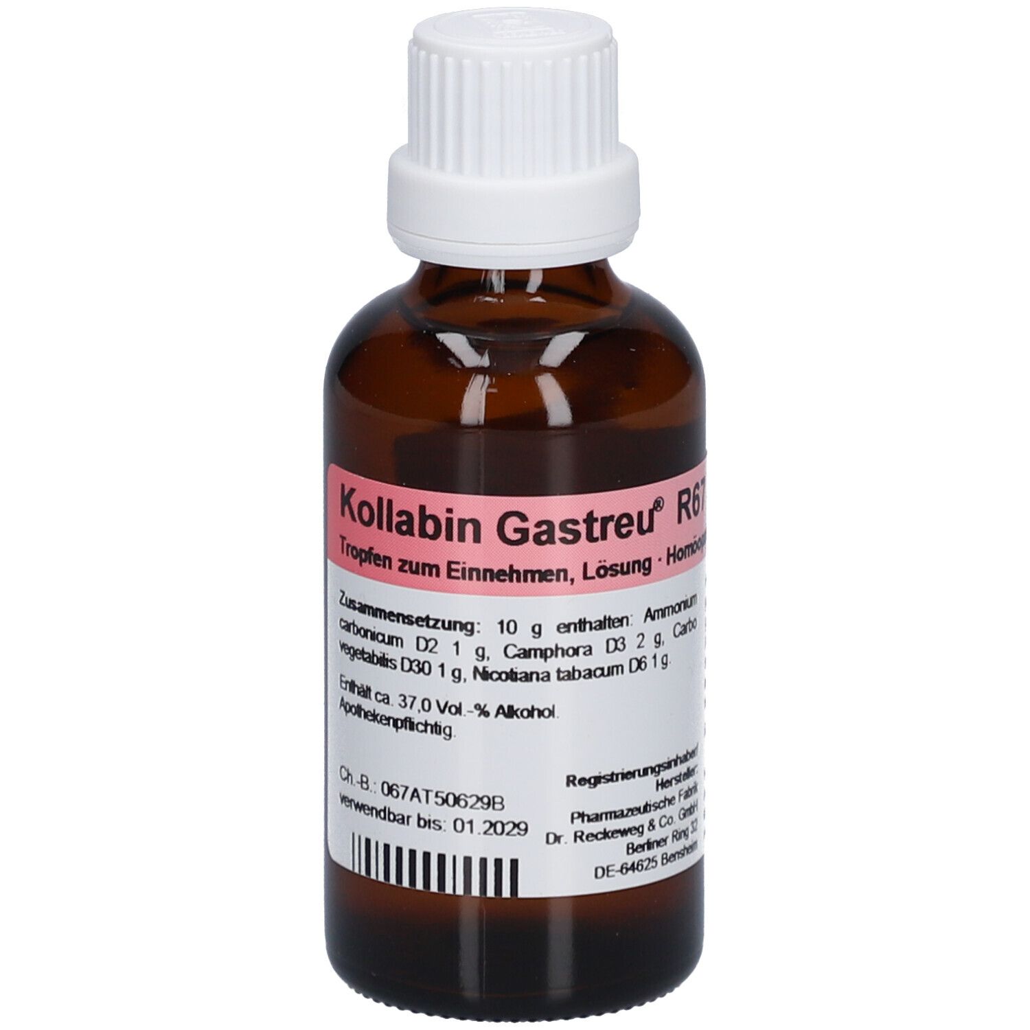Braune Glasflasche mit weißem Verschluss. Etikett mit Produktnamen und Inhaltsstoffen. Homöopathisches Arzneimittel.