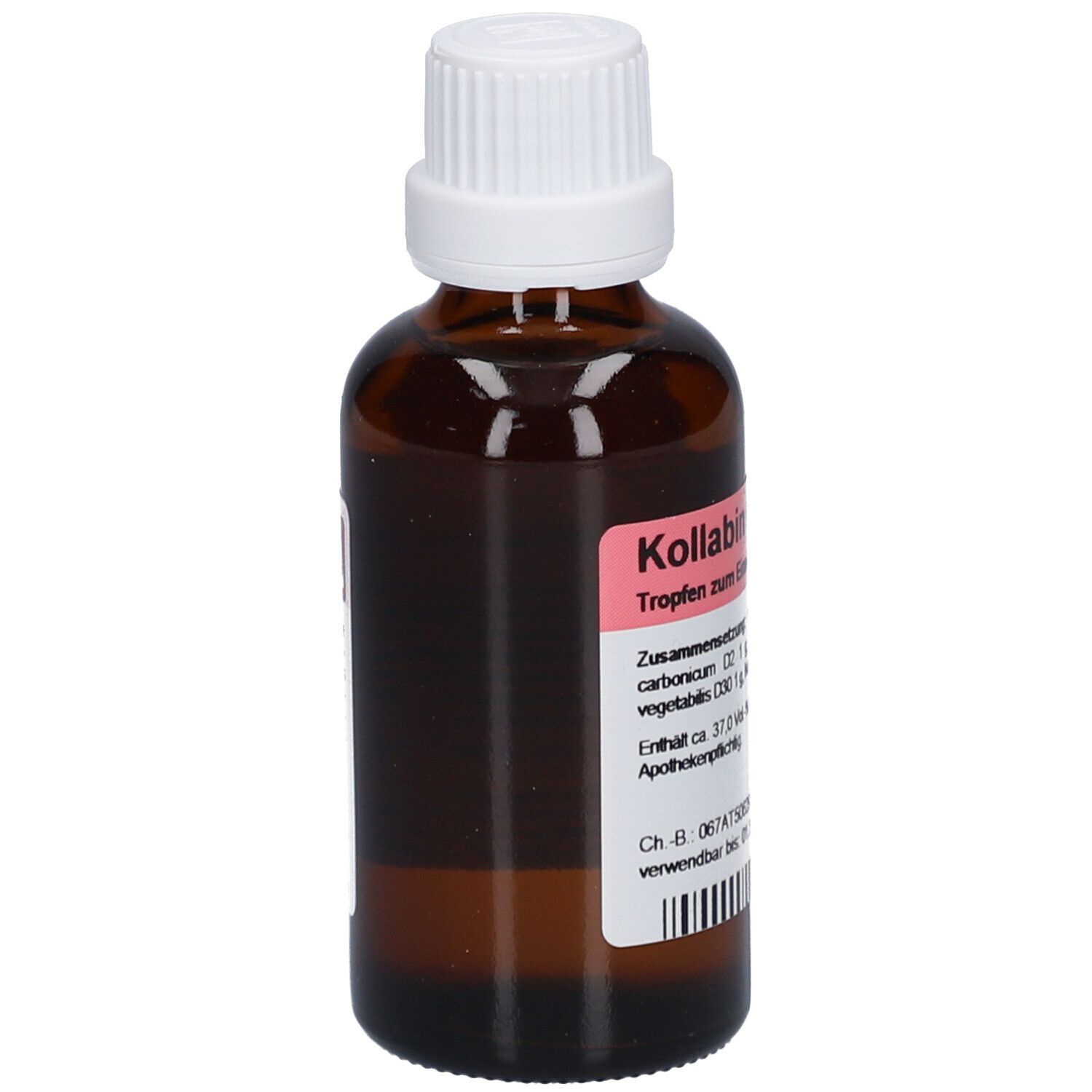 Braune Glasflasche mit weißem Verschluss. Etikett mit Produktnamen und Inhaltsstoffen. Homöopathisches Arzneimittel.
