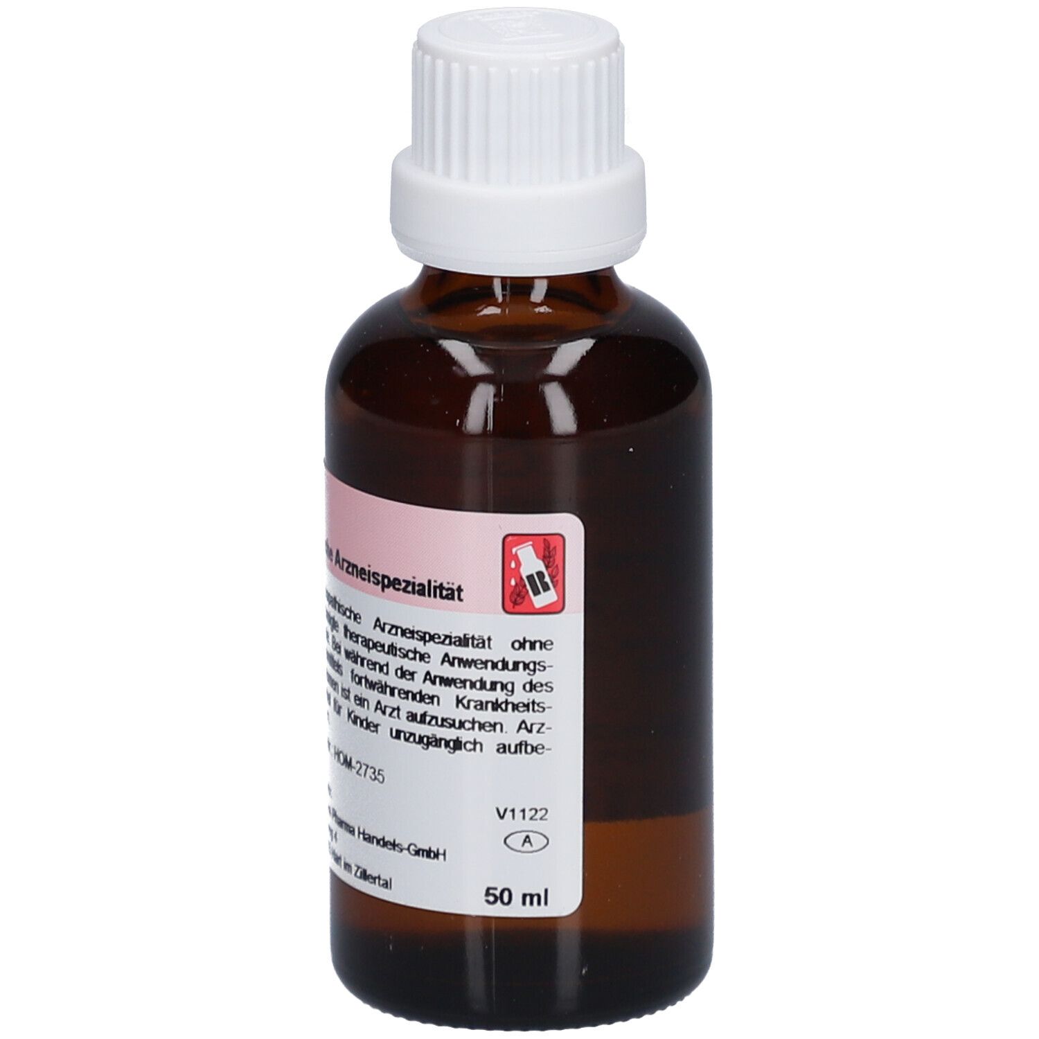 Braune Glasflasche mit weißem Verschluss. Etikett mit Produktinformationen. Arzneimittelspezialität. 50 ml.