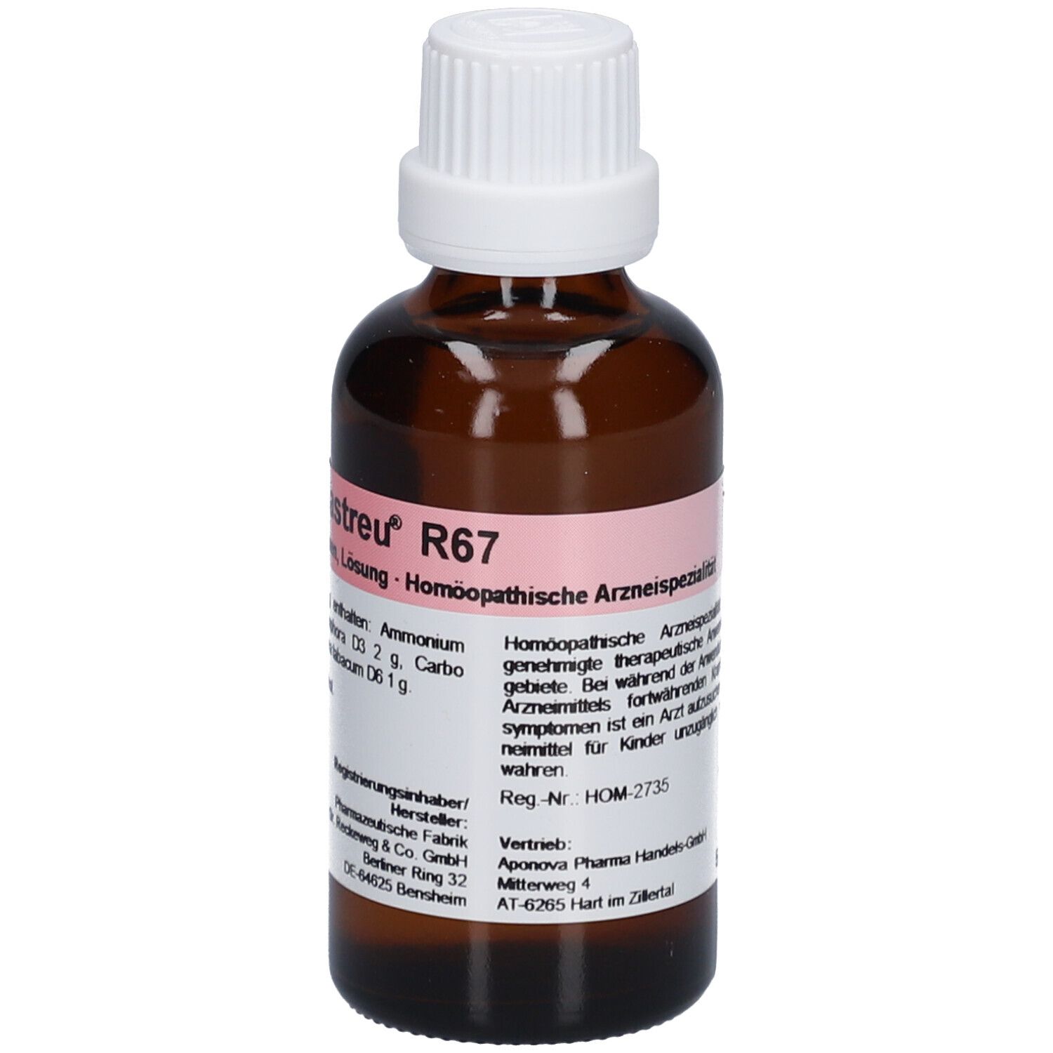 Braune Glasflasche mit weißem Verschluss. Etikett mit Produktnamen und Inhaltsstoffen. Homöopathisches Arzneimittel.