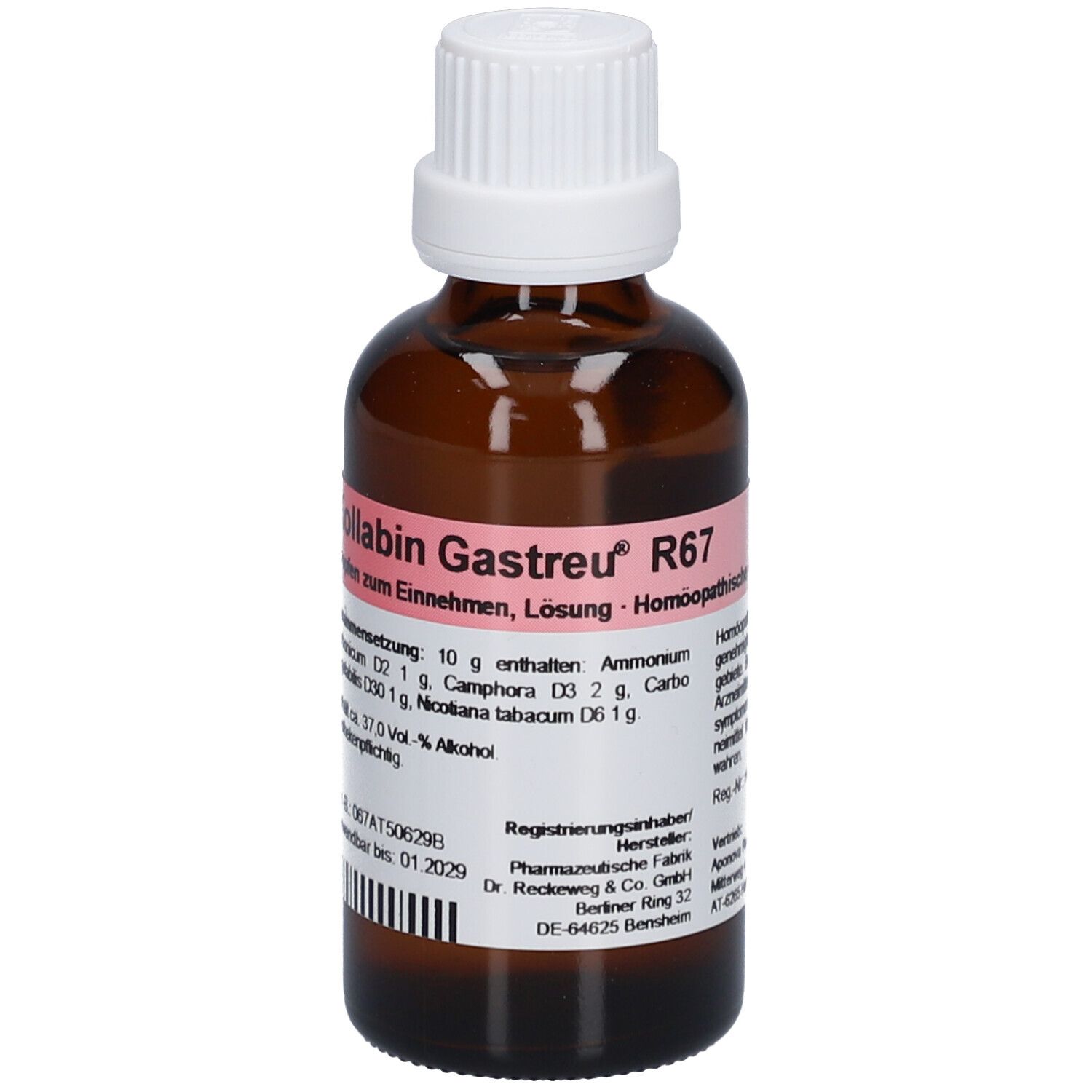 Braune Glasflasche mit weißem Verschluss. Etikett mit Produktnamen und Inhaltsstoffen. Homöopathisches Arzneimittel.