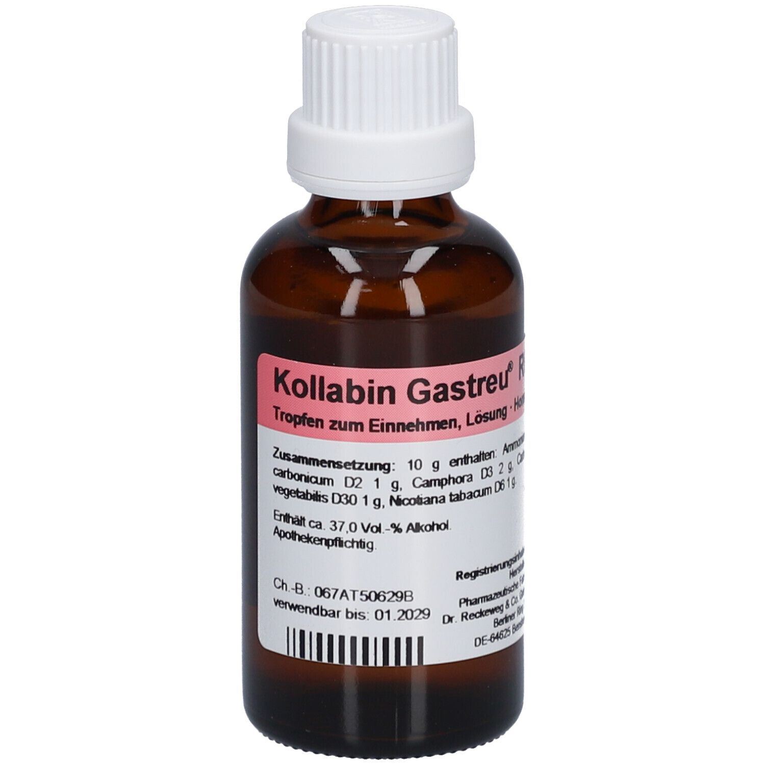 Braune Glasflasche mit weißem Verschluss. Etikett mit Produktnamen und Inhaltsstoffen. Homöopathisches Arzneimittel.