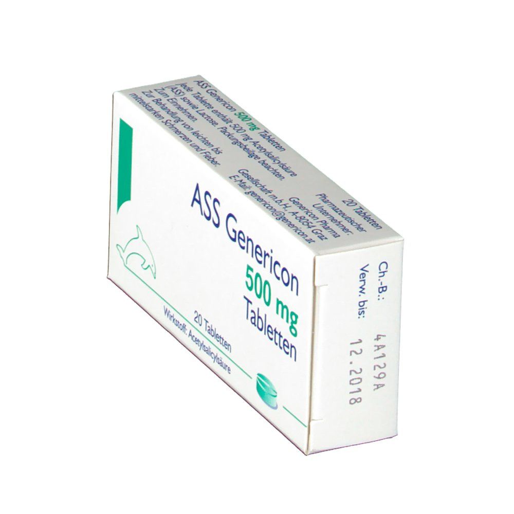 ASS Genericon 500 mg Tabletten-Packung. 20 Tabletten. Wirkstoff: Acetylsalicylsäure. Schachtel schräg. Weiße Verpackung.