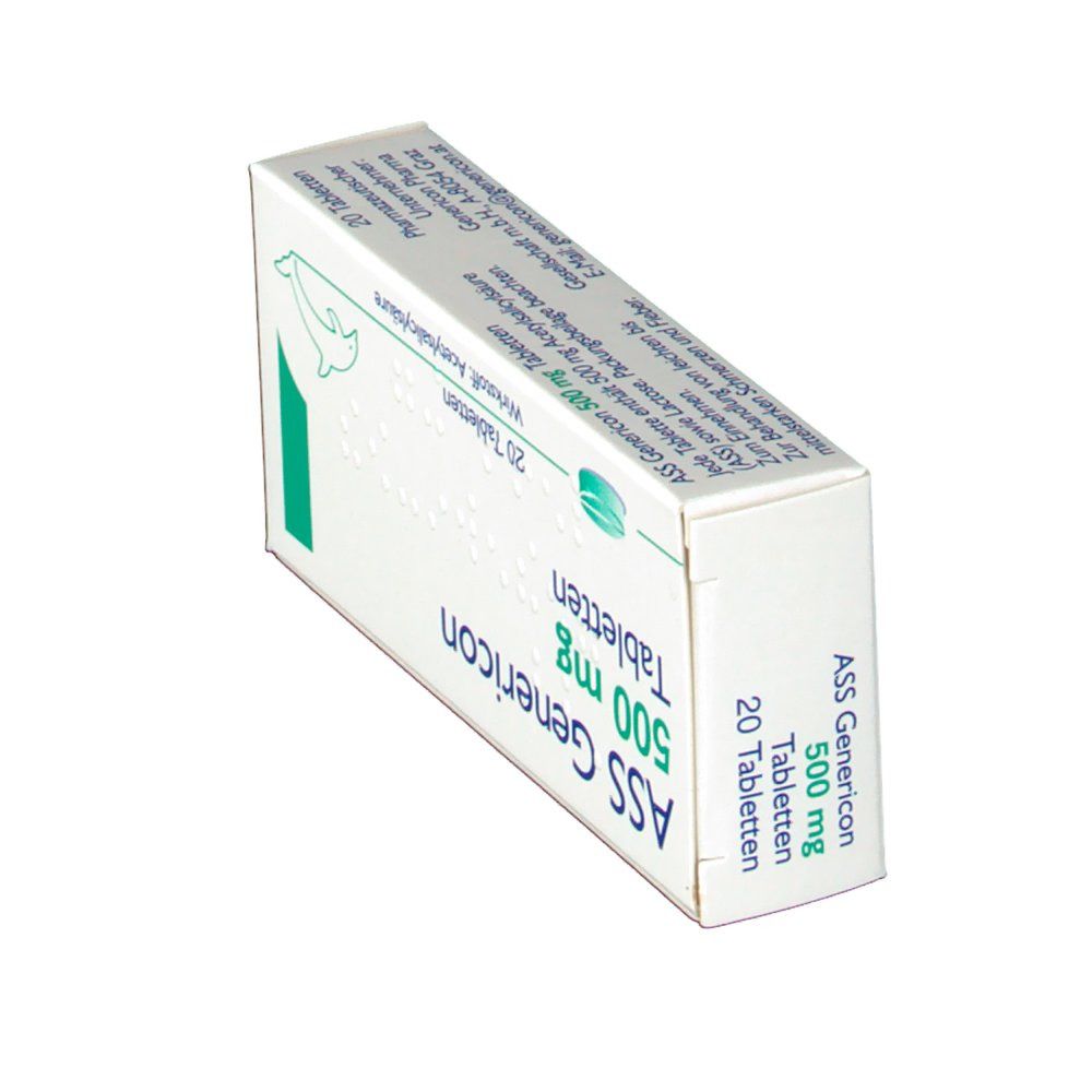 ASS Genericon 500 mg Tabletten-Packung. 20 Tabletten. Wirkstoff: Acetylsalicylsäure. Schachtel schräg. Weiße Verpackung.