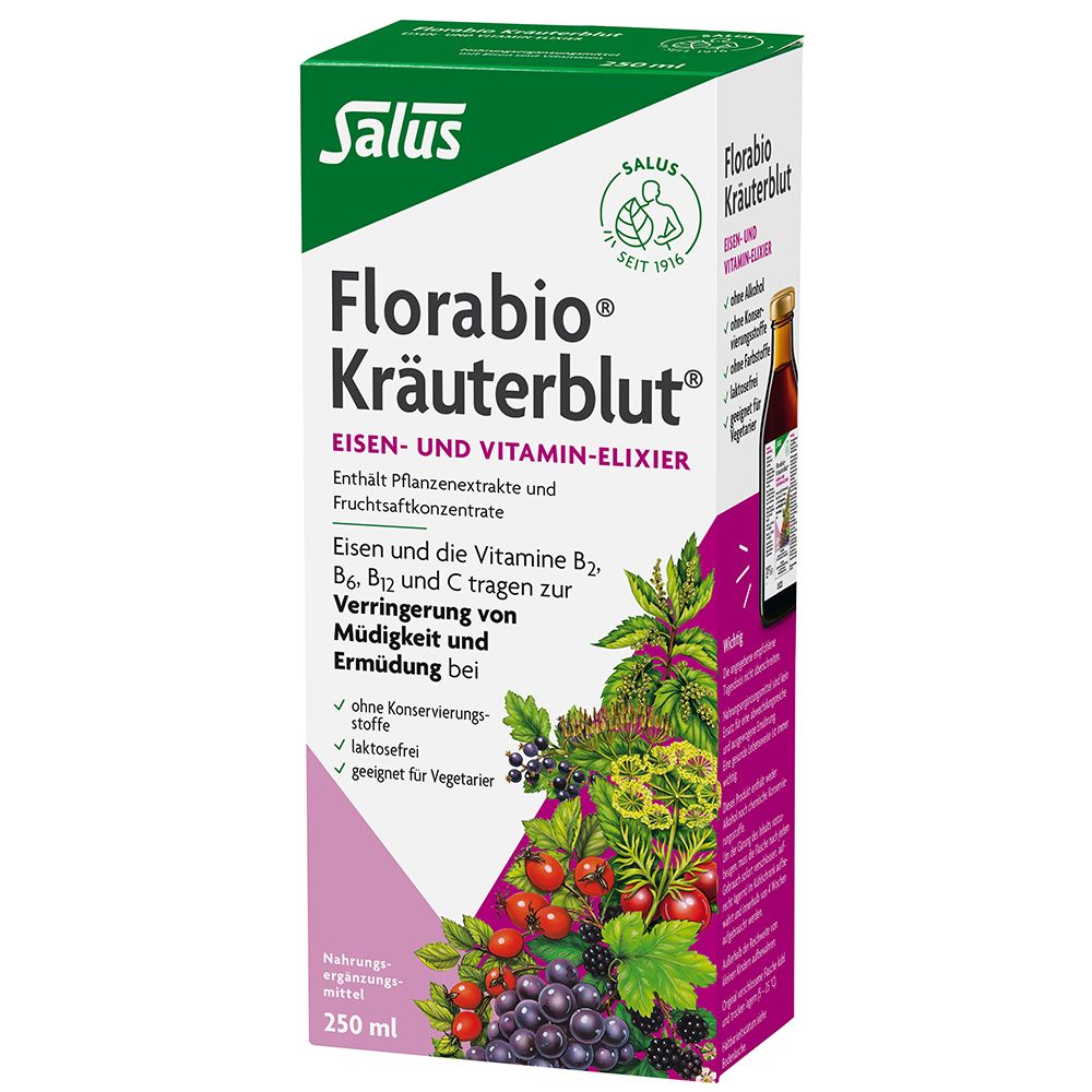 Karton von Florabio® Kräuterblut®. Grün-weiß-lila Design. Enthält Kräuter und Früchte. Text: Eisen- und Vitamin-Elixier.