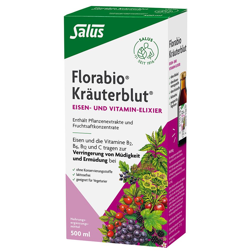 Verpackung von Florabio Kräuterblut-Saft. Grün-weißer Karton mit Produktnamen, Logo und Illustrationen von Früchten und Kräutern.