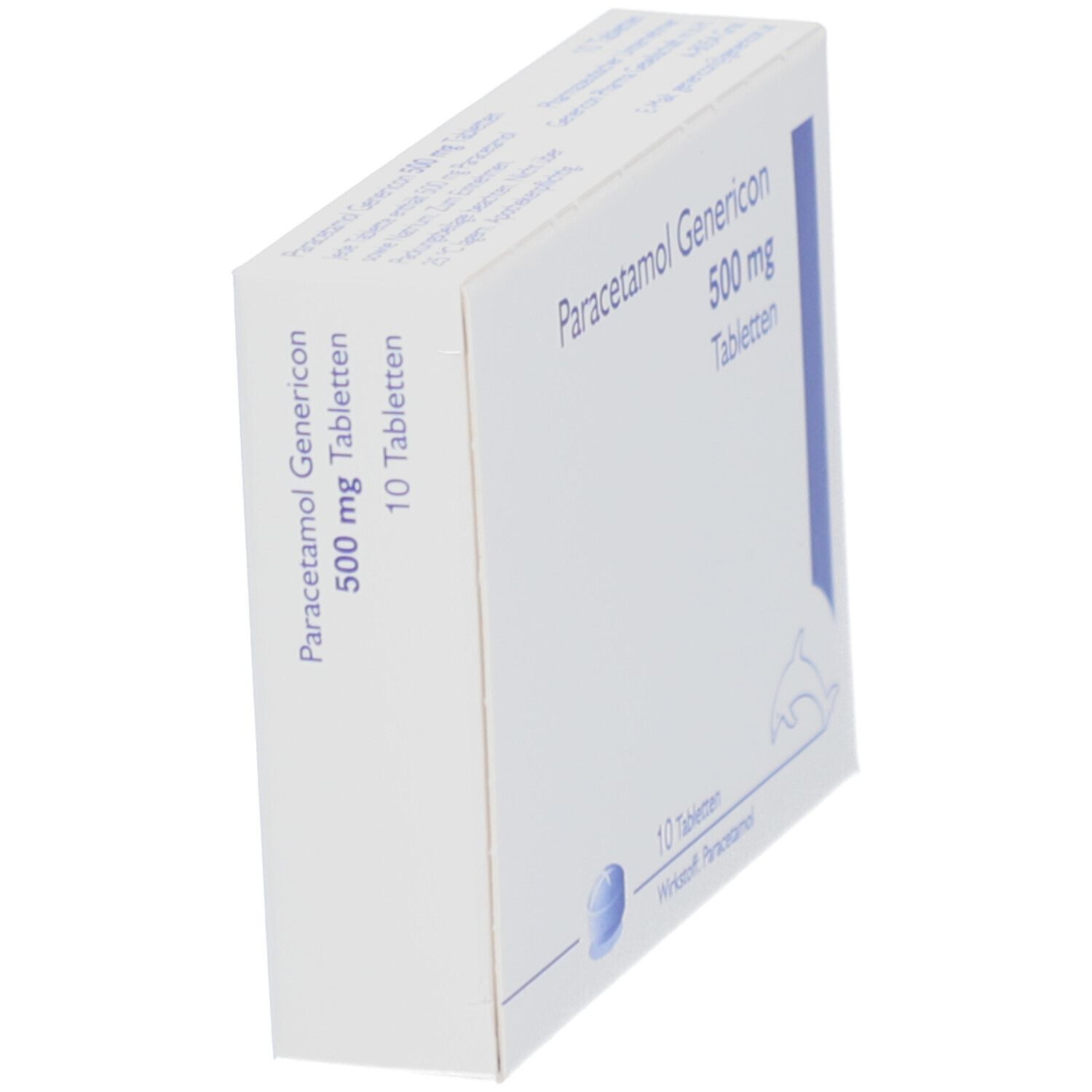 Schachtel "Paracetamol Genericon 500 mg Tabletten" in Schrägansicht. Enthält 10 Tabletten. Aufdruck: Wirkstoff Paracetamol. Delfin-Logo.