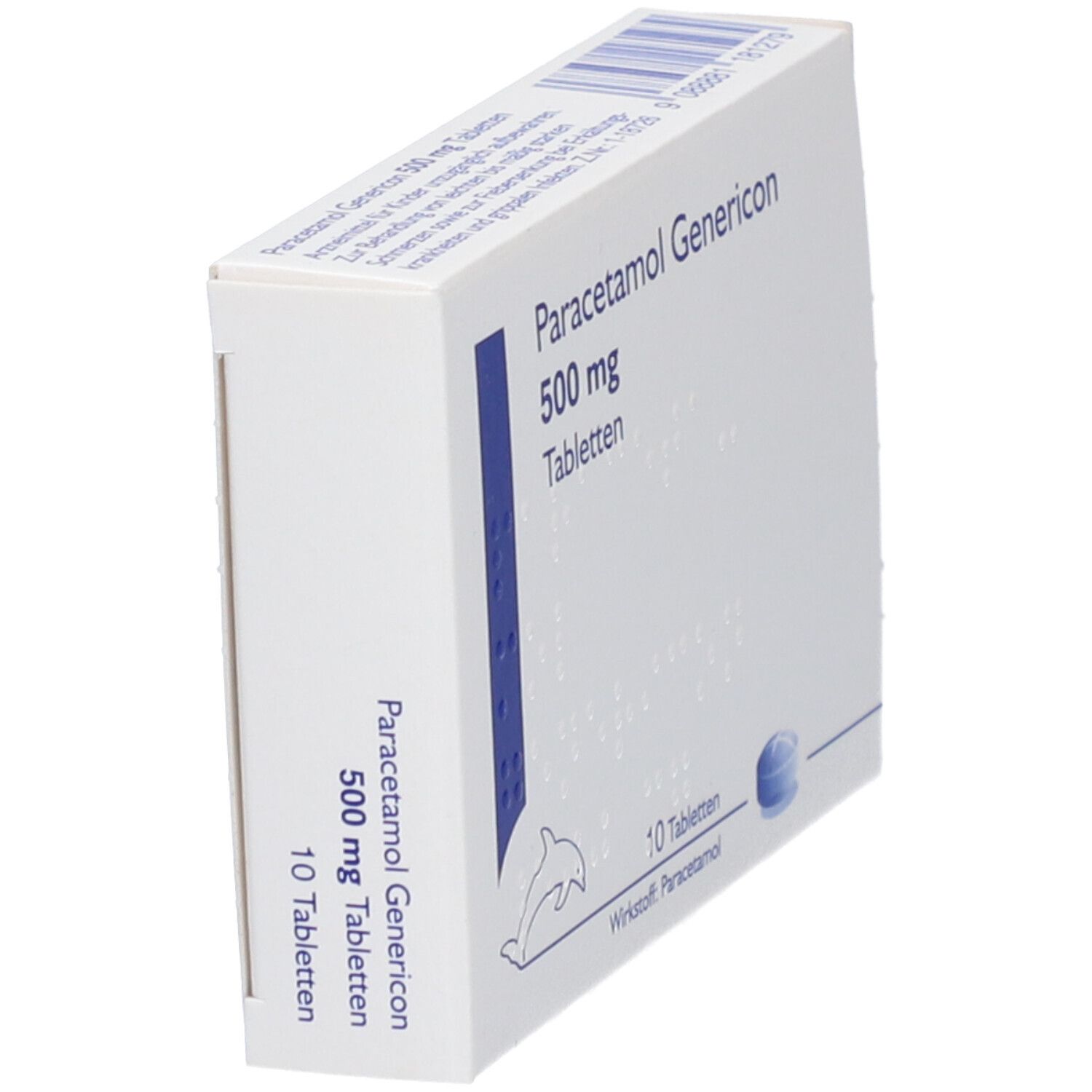 Schachtel "Paracetamol Genericon 500 mg Tabletten" in Schrägansicht. Enthält 10 Tabletten. Aufdruck: Wirkstoff Paracetamol. Delfin-Logo.