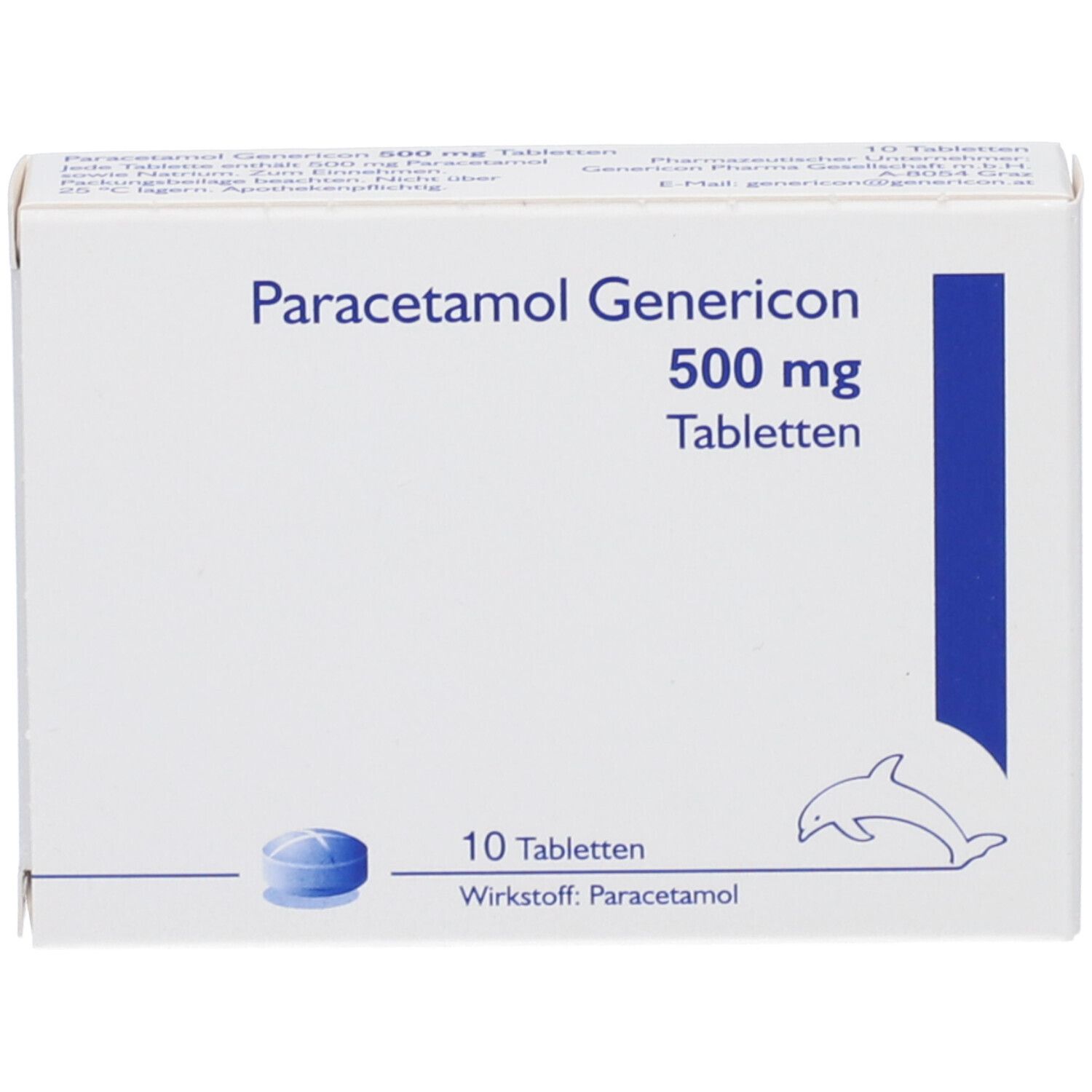 Weiße Schachtel mit "Paracetamol Genericon 500 mg Tabletten". Enthält 10 Tabletten. Wirkstoff: Paracetamol. Abbildung einer Tablette und eines Delfins.