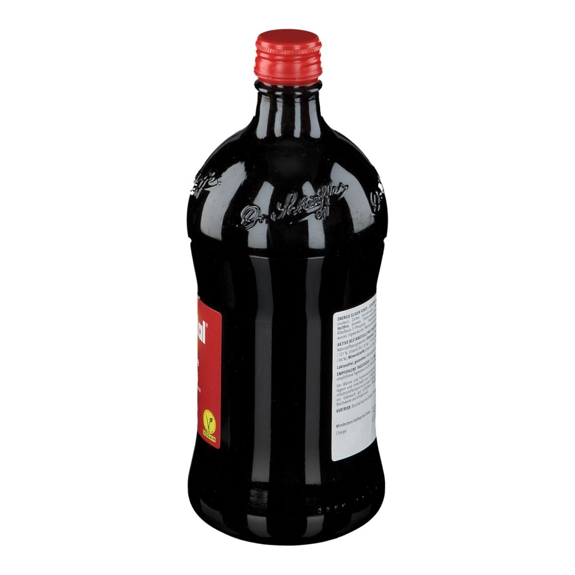 Braune Glasflasche mit rotem Verschluss. Rückseite mit weißem Etikett und Text. Vegan-Siegel.