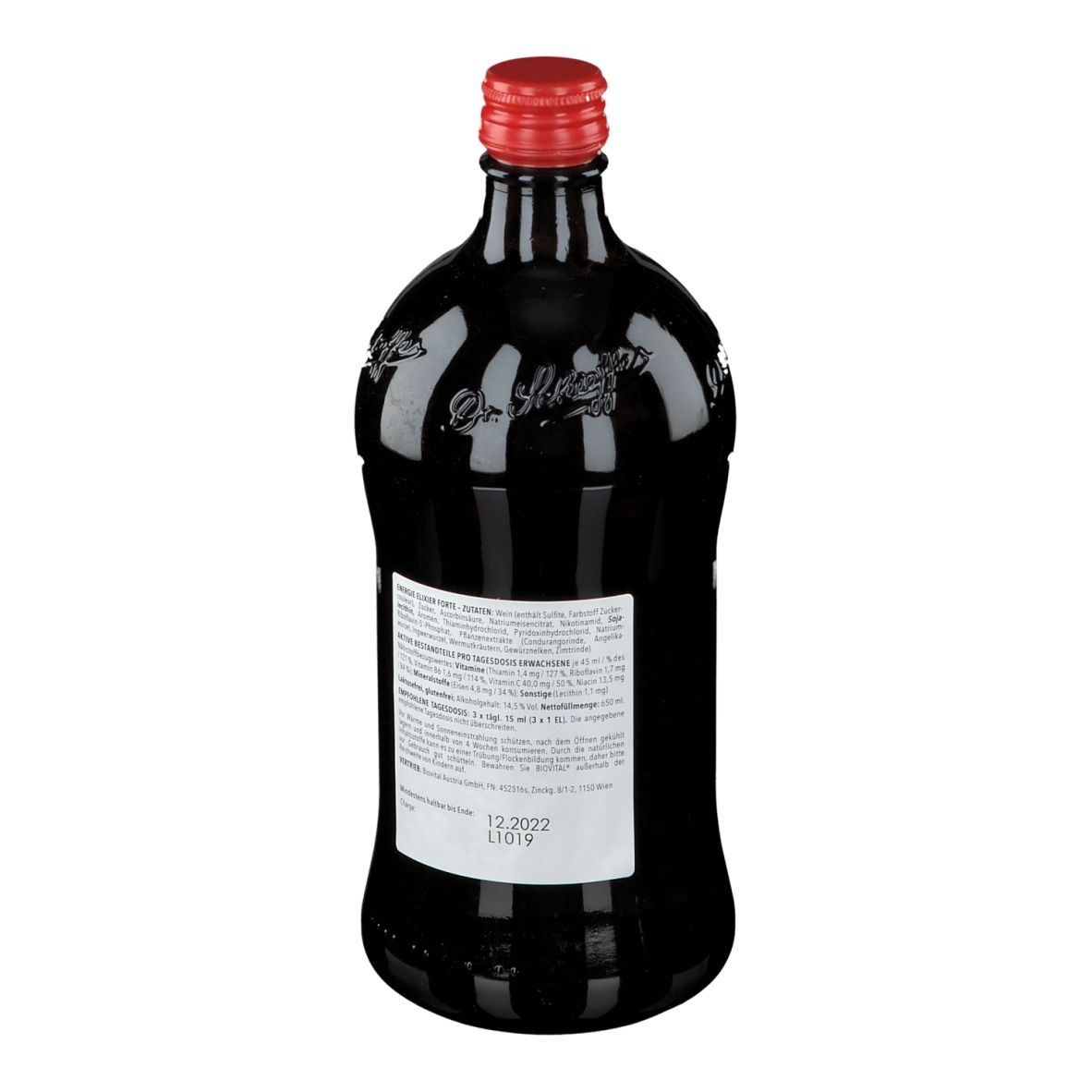 Braune Glasflasche mit rotem Verschluss. Rückseite mit weißem Etikett und Text. Vegan-Siegel.