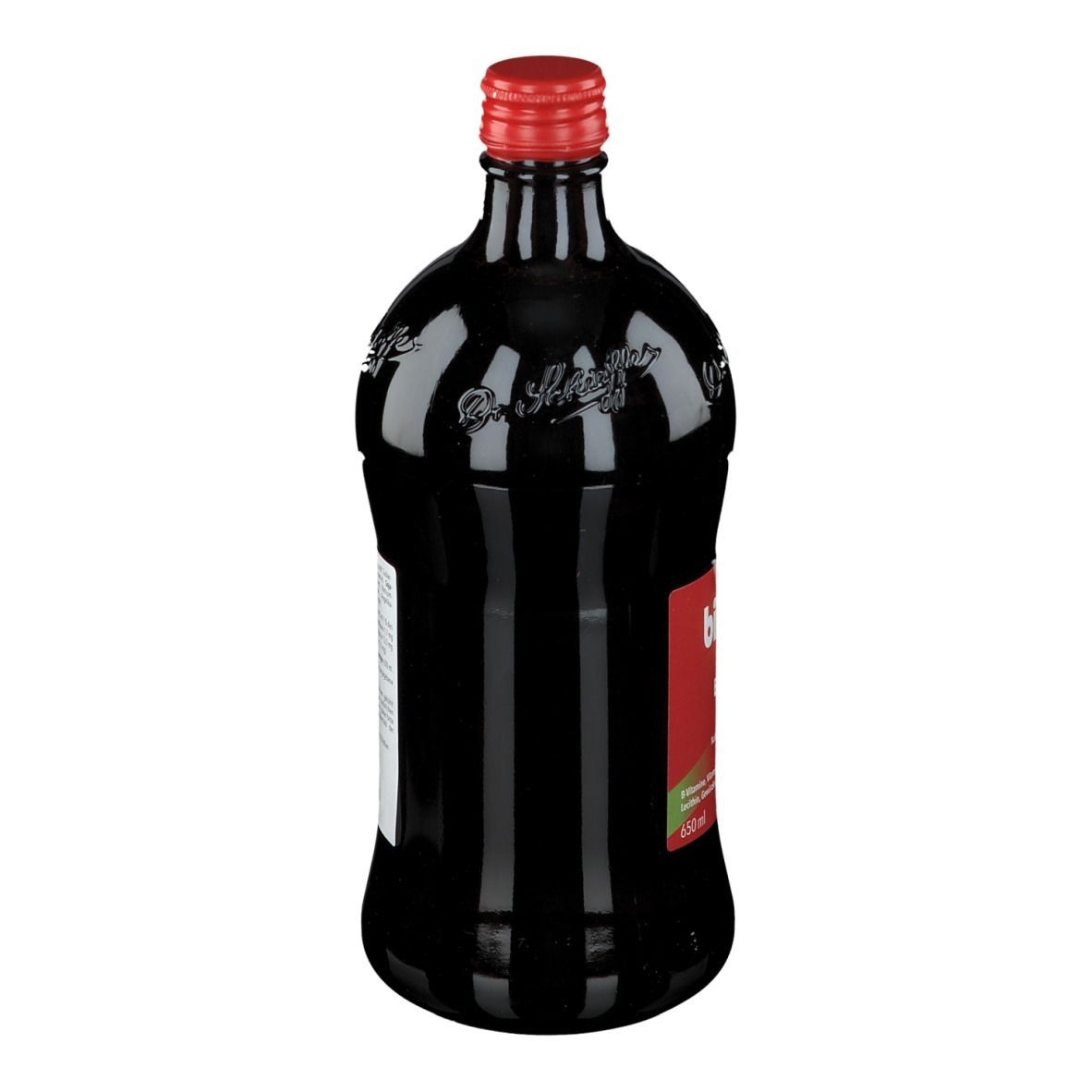 Braune Glasflasche mit rotem Verschluss. Rückseite mit weißem Etikett und Text. Vegan-Siegel.