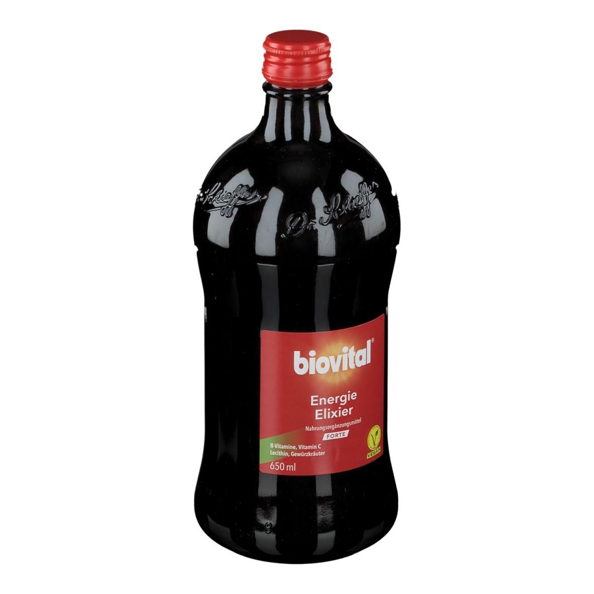 Braune Glasflasche mit rotem Verschluss. Rotes Etikett mit "biovital Energie Elixier". Vegan-Siegel.