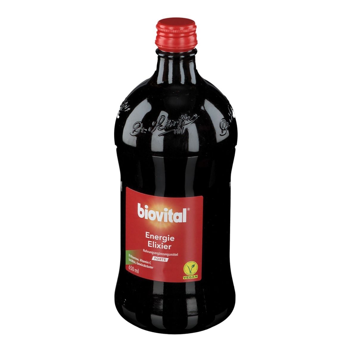 Braune Glasflasche mit rotem Verschluss. Rotes Etikett mit "biovital Energie Elixier". Vegan-Siegel.