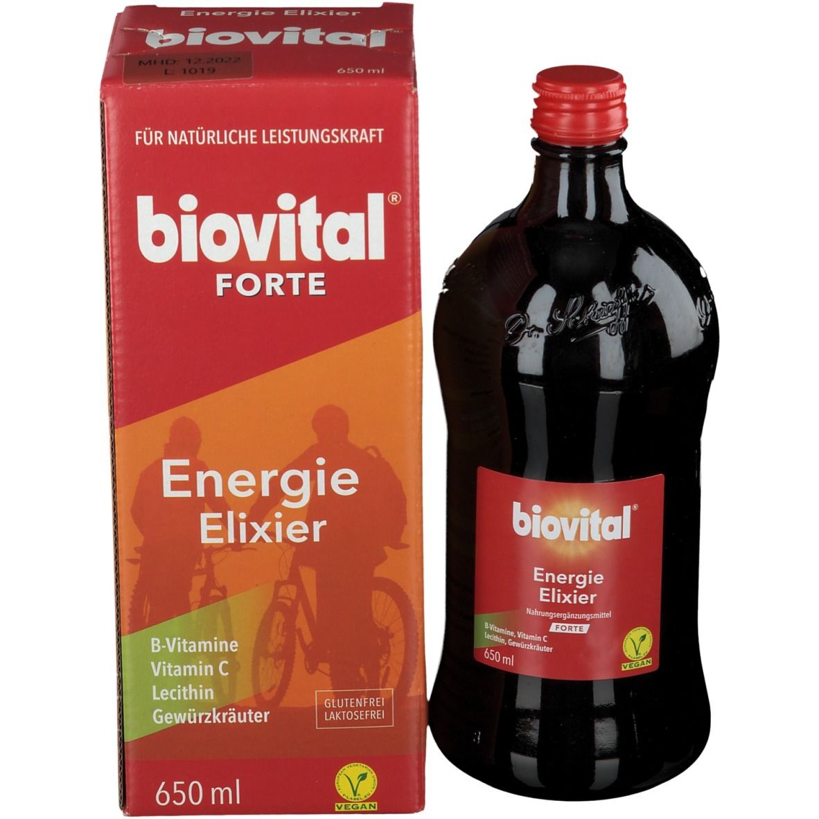 Braune Glasflasche und Karton. Karton mit "biovital FORTE Energie Elixier". Vegan-Siegel. Glutenfrei.