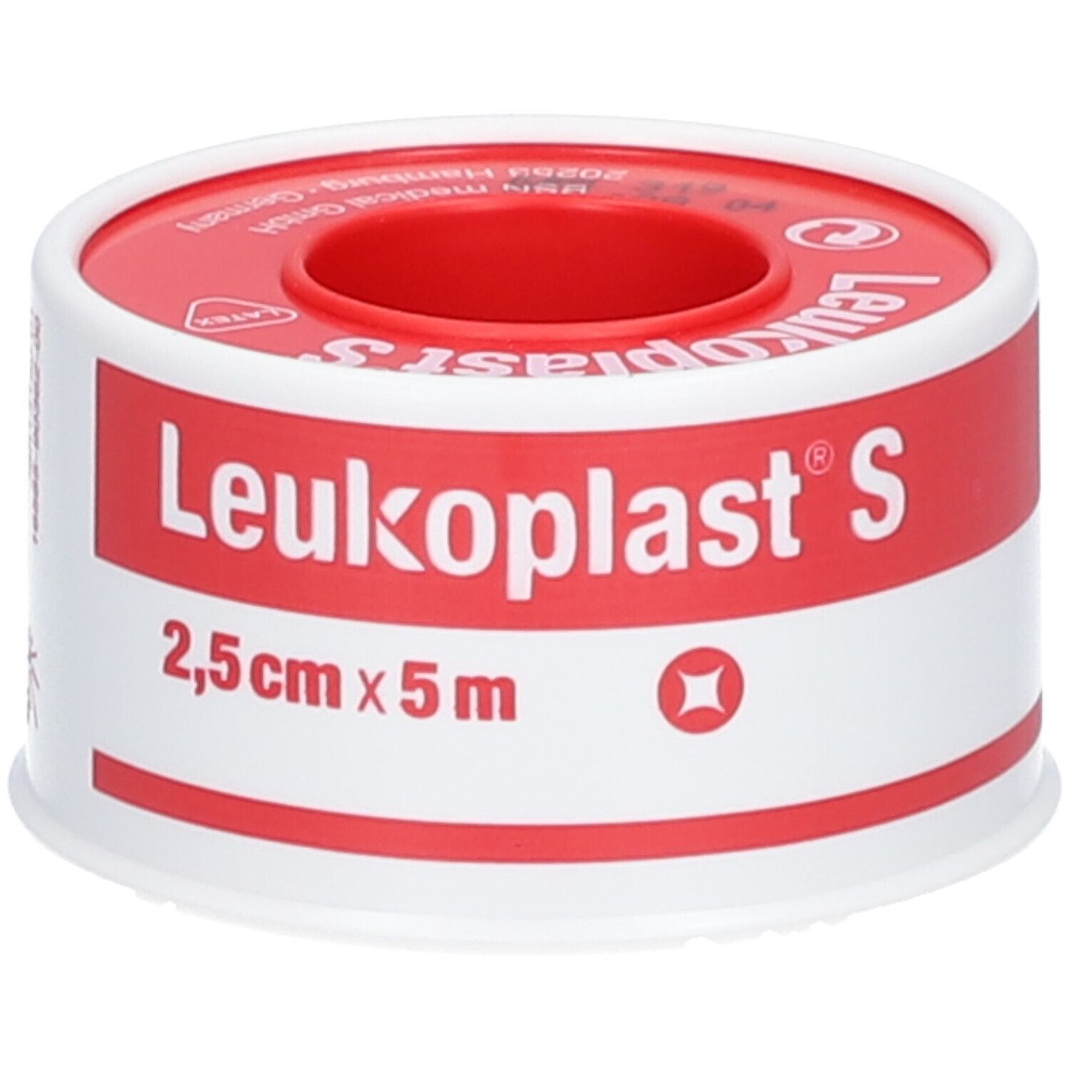 Rolle Leukoplast® S, hautfarben. Aufschrift: 2,5 cm x 5 m. Roter Kern, weißes Band mit roter Schrift.