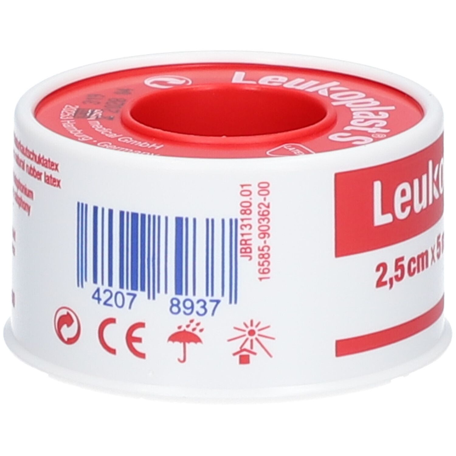 Rolle Leukoplast® S. Barcode und Symbole. Aufschrift: 2,5 cm x 5 m. Roter Kern, weißes Band mit roter Schrift.