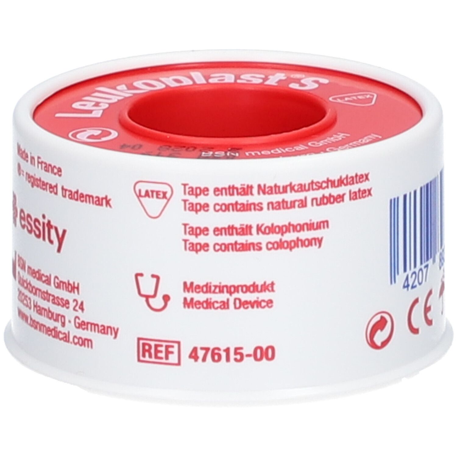 Rolle Leukoplast® S. Text: Tape enthält Naturkautschuklatex. Medizinprodukt. Roter Kern, weißes Band.