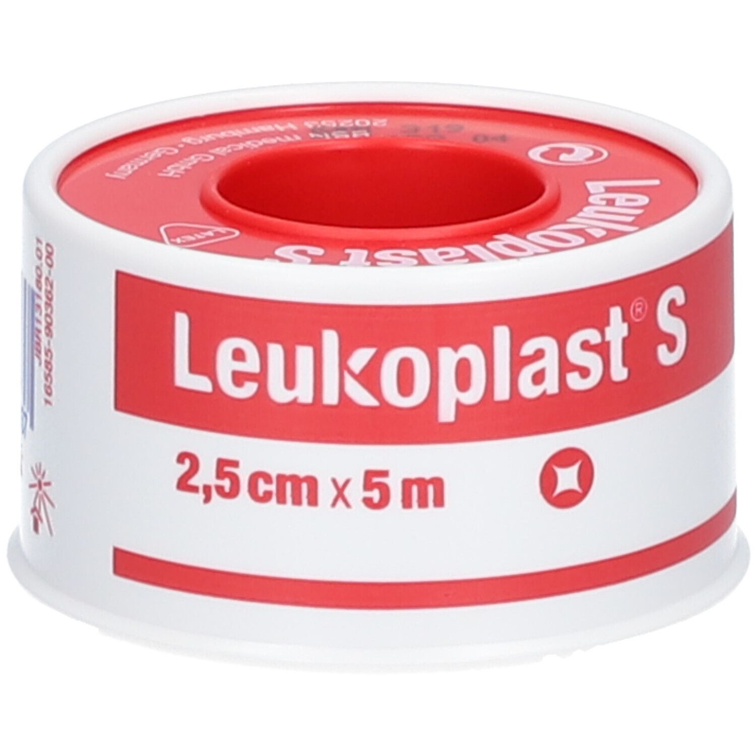 Rolle Leukoplast® S, hautfarben. Aufschrift: 2,5 cm x 5 m. Roter Kern, weißes Band mit roter Schrift.