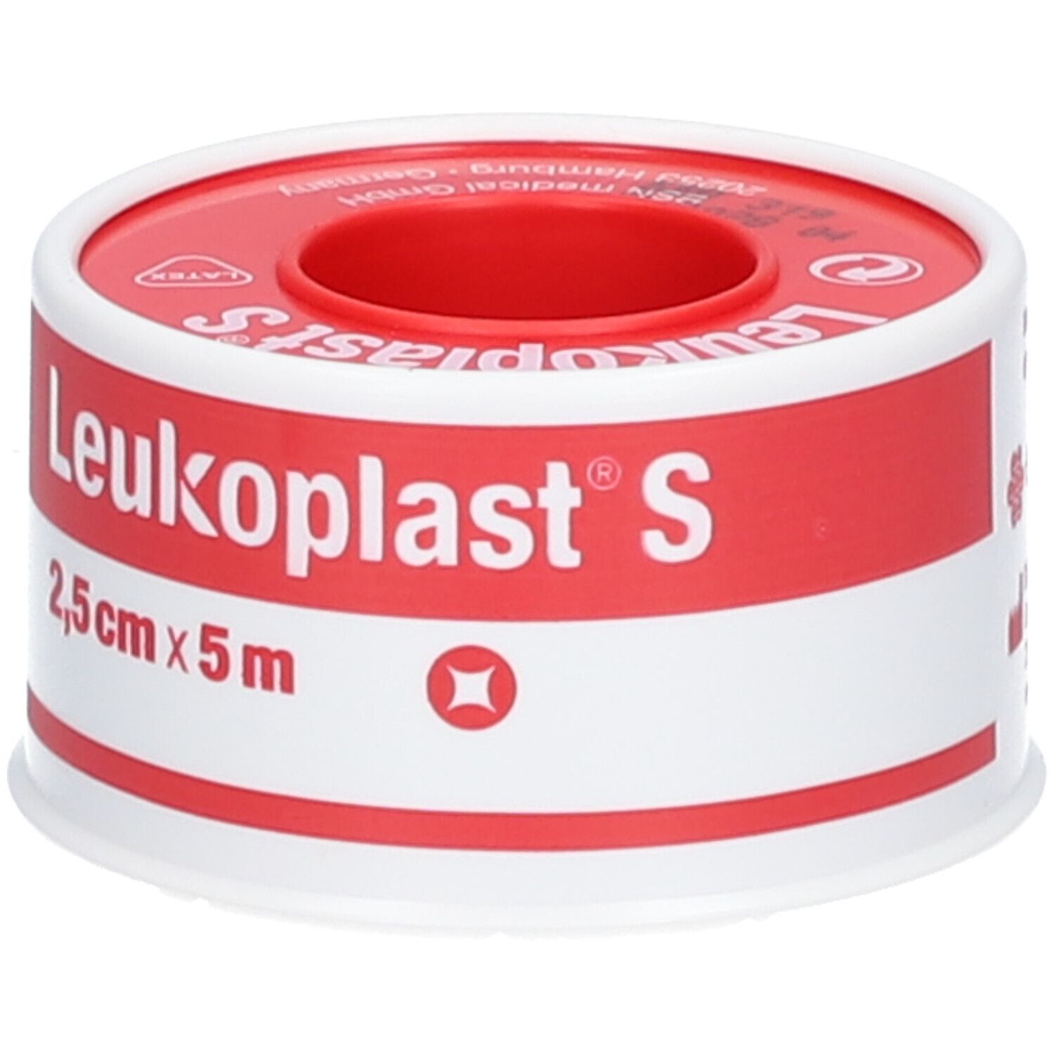 Rolle Leukoplast® S, hautfarben. Aufschrift: 2,5 cm x 5 m. Roter Kern, weißes Band mit roter Schrift.