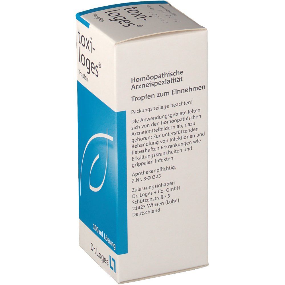 Weiße Schachtel mit blauem Akzent. Aufschrift: toxi-loges Tropfen. Text: Homöopathische Arzneispezialität. 100 ml Lösung. Dr. Loges.