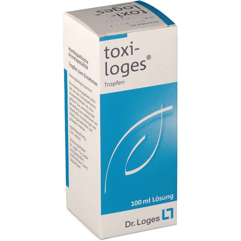 Weiße Schachtel mit blauem Akzent. Aufschrift: toxi-loges Tropfen. 100 ml Lösung. Dr. Loges. Perspektivische Ansicht.