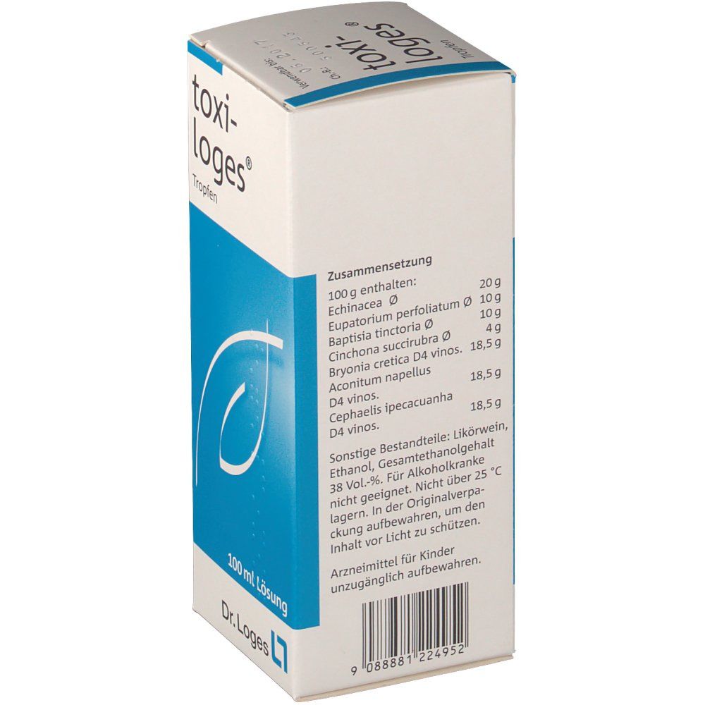 Weiße Schachtel mit blauem Akzent. Aufschrift: toxi-loges Tropfen. Text: Zusammensetzung. 100 ml Lösung. Dr. Loges. Barcode.