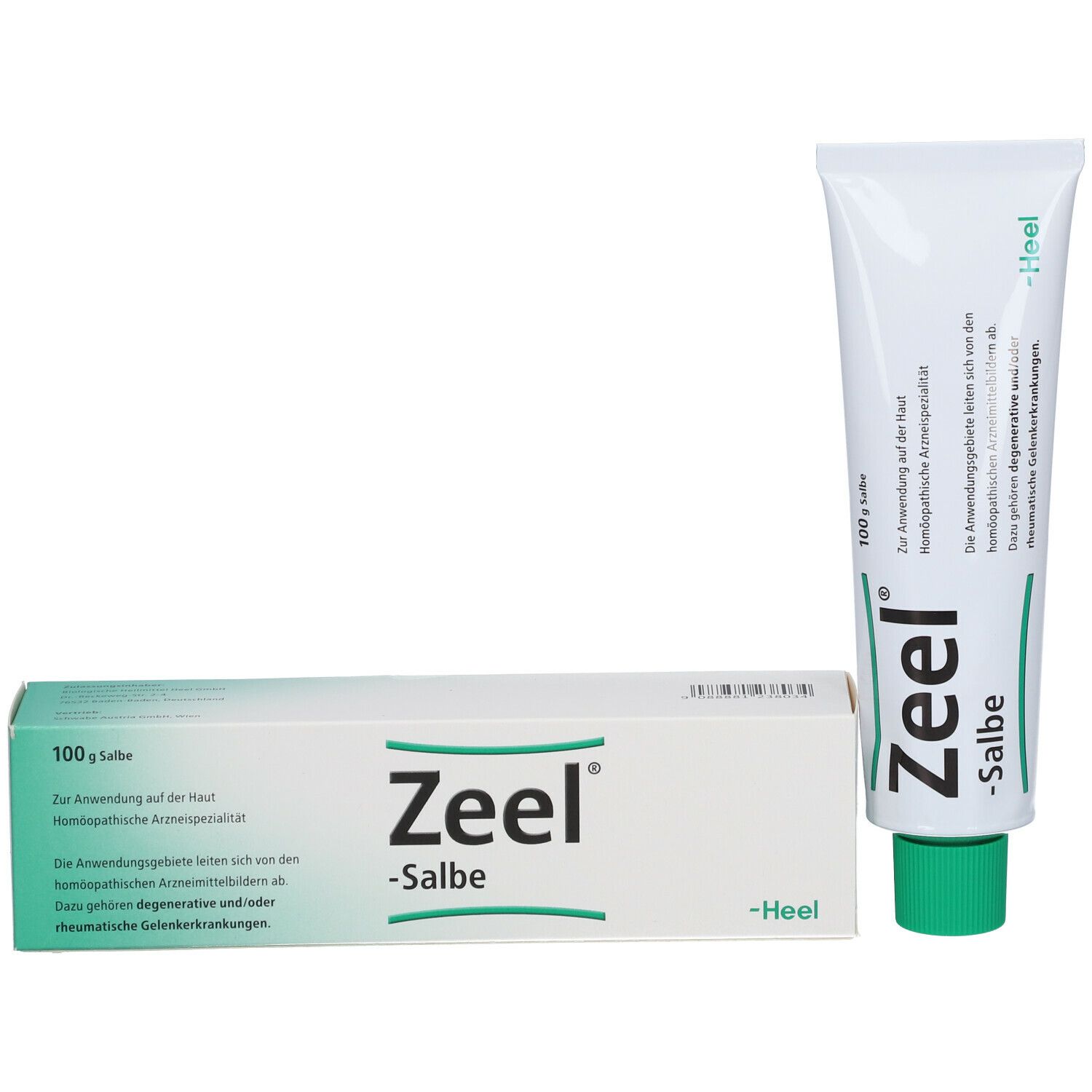 Zeel Salbe Tube und Schachtel. Tube weiß, Schachtel weiß mit grünen Akzenten. Aufdruck: Zeel Salbe.