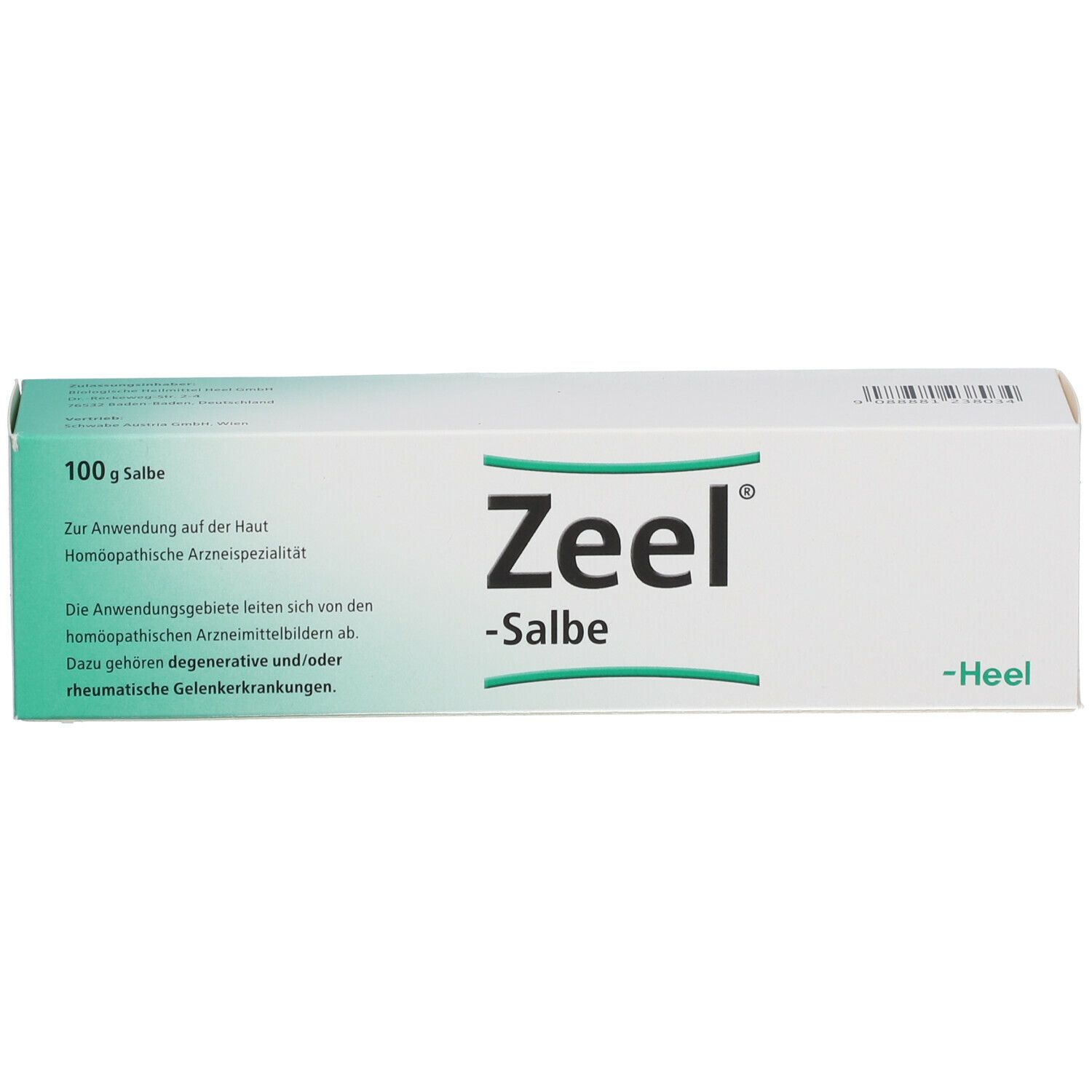 Weiße Schachtel mit grünen Akzenten. Aufdruck: Zeel Salbe. Text in deutscher Sprache.