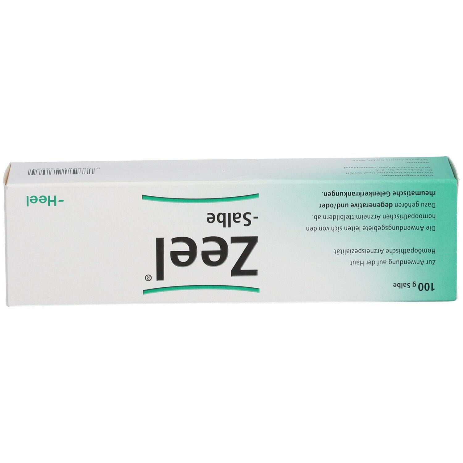 Schachtel mit Aufdruck Zeel Salbe. Weiß mit grünen Akzenten. Text in deutscher Sprache.