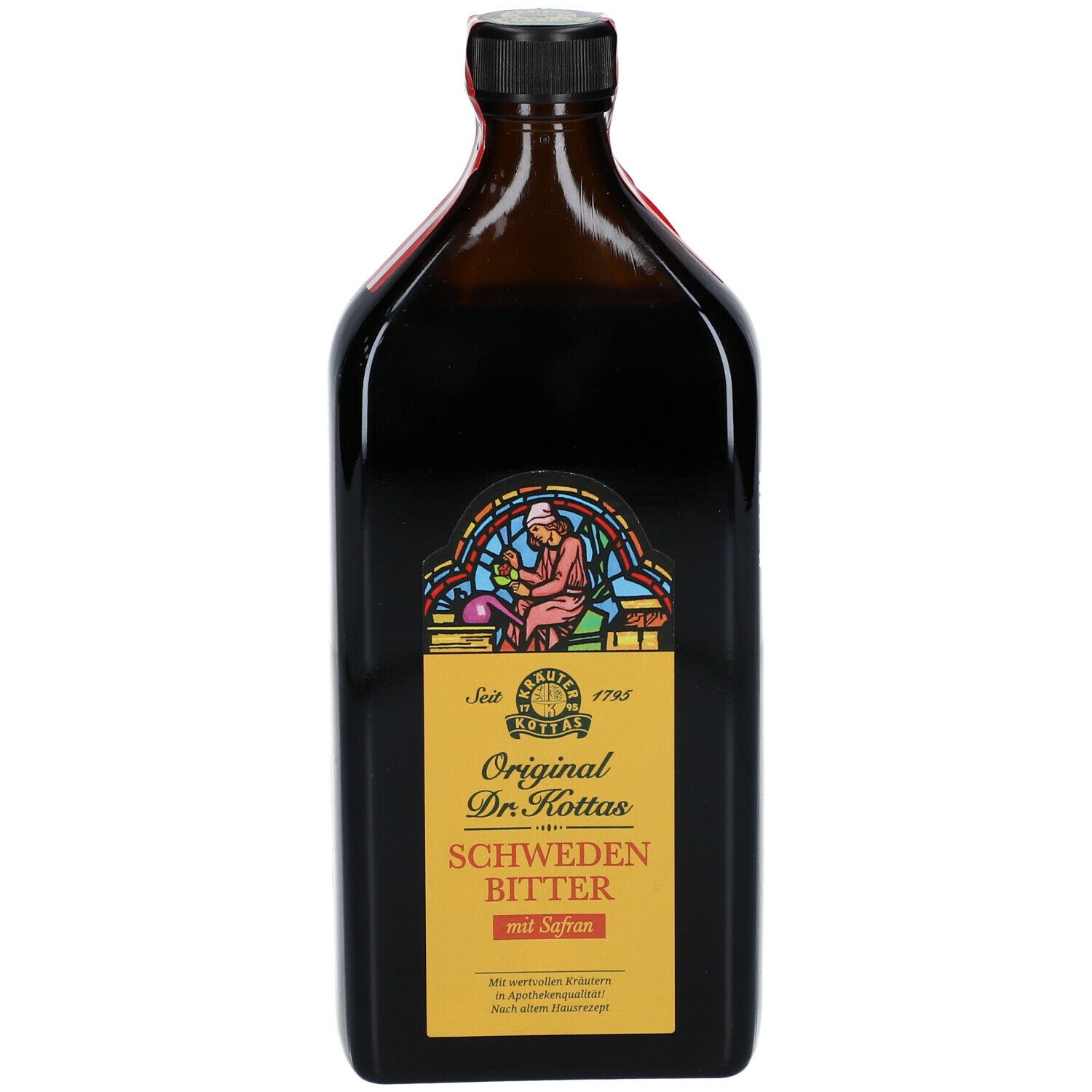 Braune Glasflasche mit schwarzem Verschluss. Etikett mit Text: Original Dr. Kottas Schweden Bitter mit Safran. Abbildung einer Person.