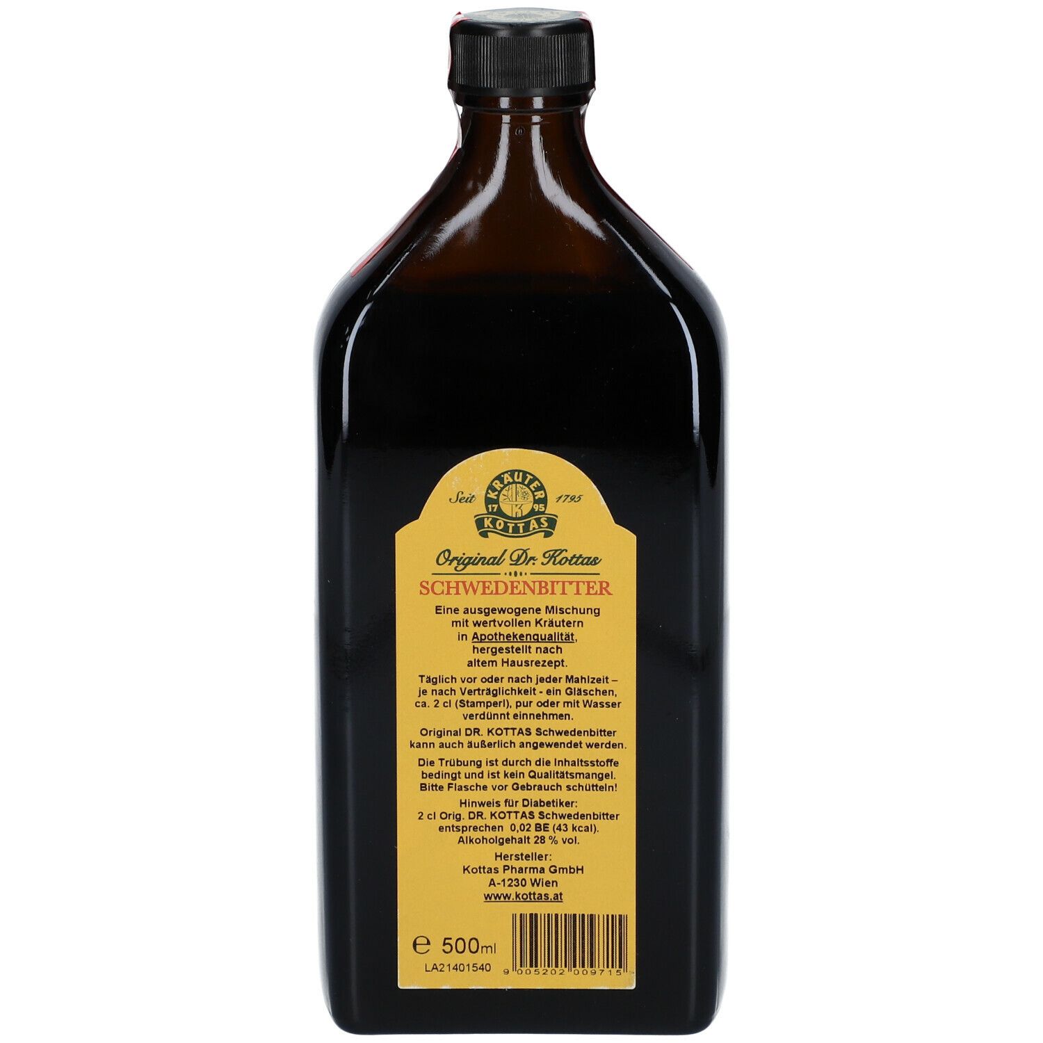Braune Glasflasche mit schwarzem Verschluss. Etikett mit Text: Original Dr. Kottas Schweden Bitter. Enthält Informationen zur Anwendung und Inhaltsstoffe.